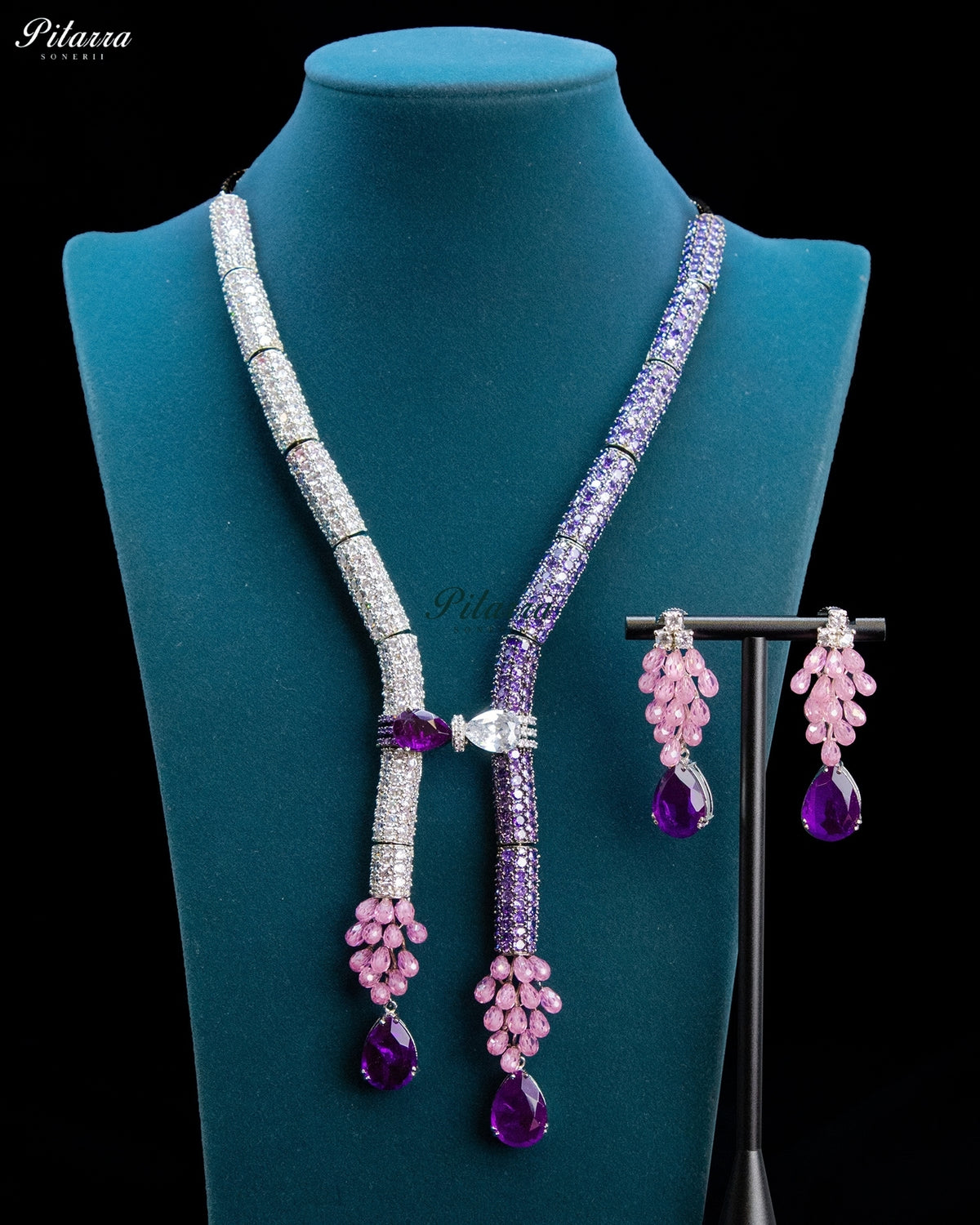 Purple and Pink Crystal Tassel Lariat Necklace Set