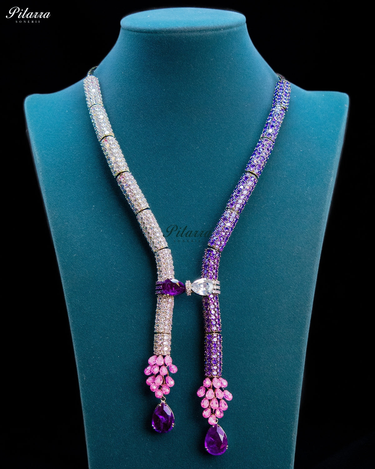 Purple and Pink Crystal Tassel Lariat Necklace Set