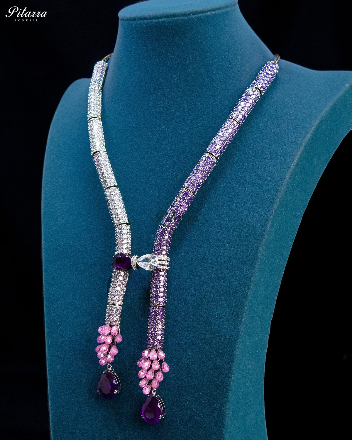 Purple and Pink Crystal Tassel Lariat Necklace Set