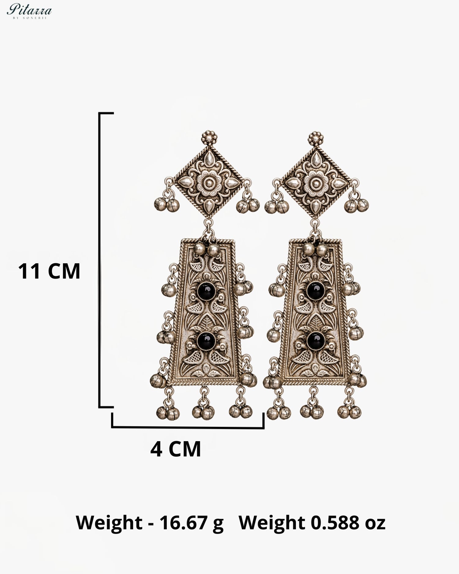 Black Stone Silver Look-Alike Floral Heritage Statement Earrings