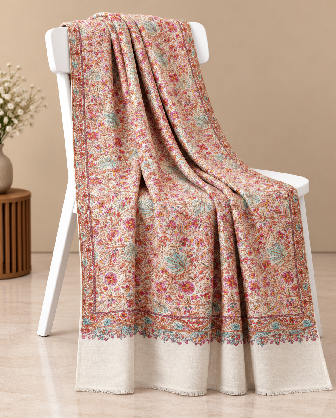 Ivory Kashmiri Shawl with Multicolour Floral Jaal Embroidery And Ornate Border