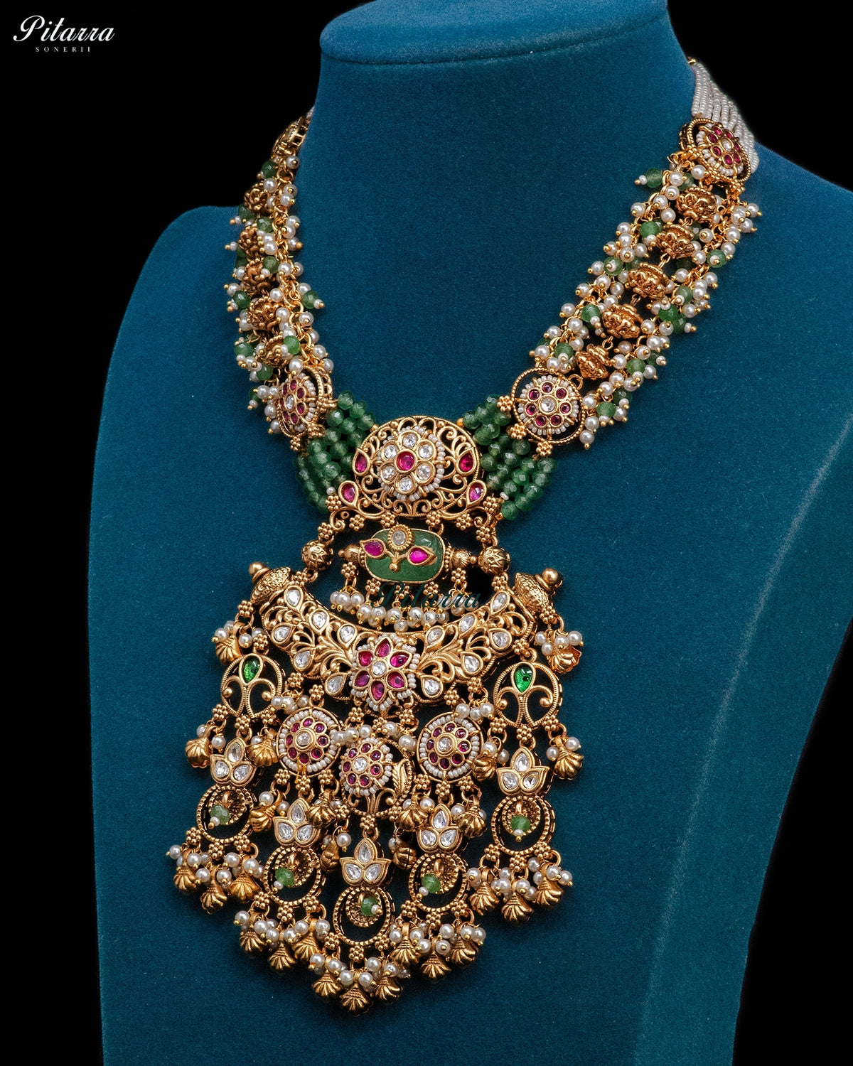 Antique Gold Plated Green Beaded Peacock Kundan Long Necklace Set