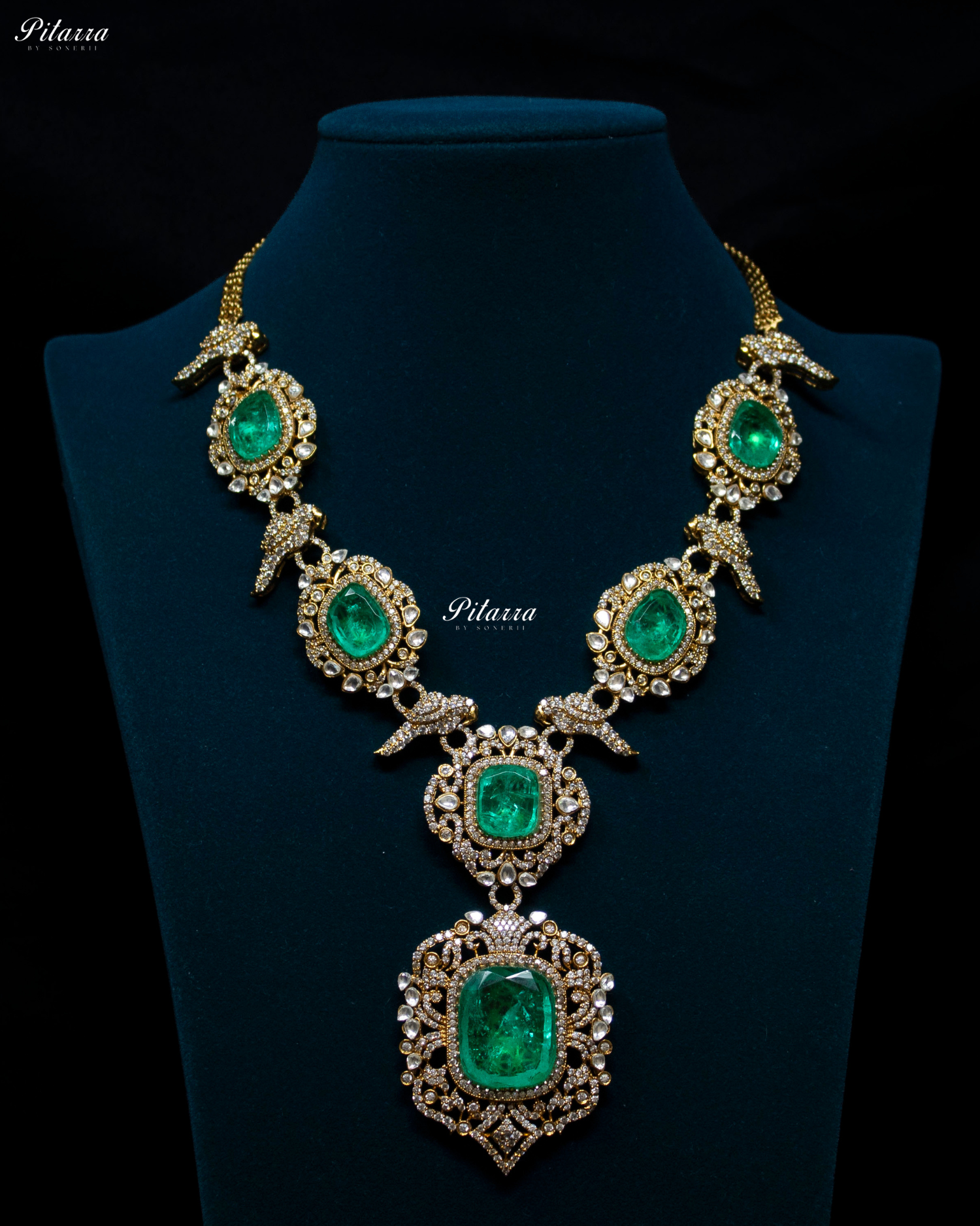 Emerald Stone Bird Victorian Polki Necklace Set