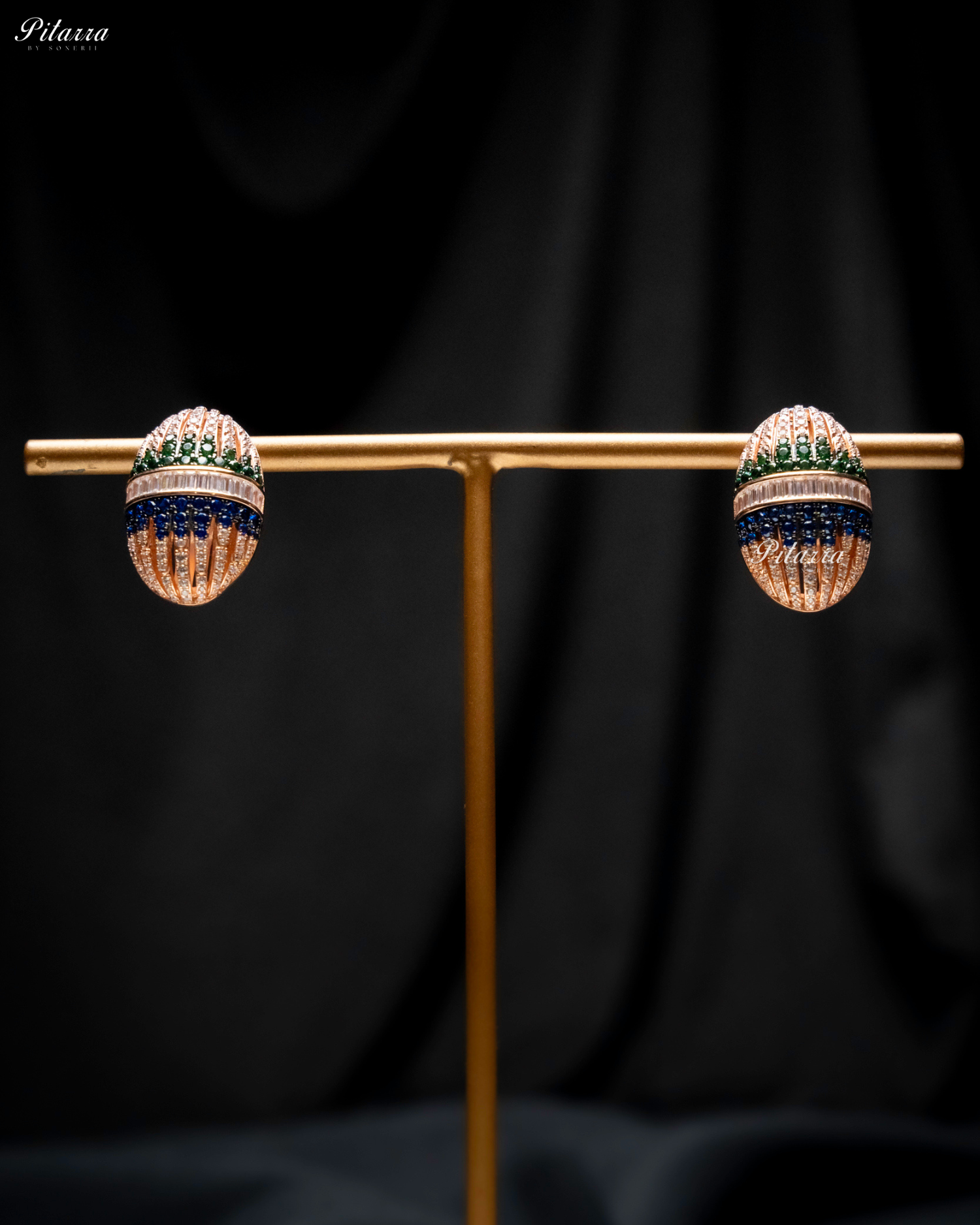Oval Shaped Golden Pattern 92.5 Silver Stud Earrings