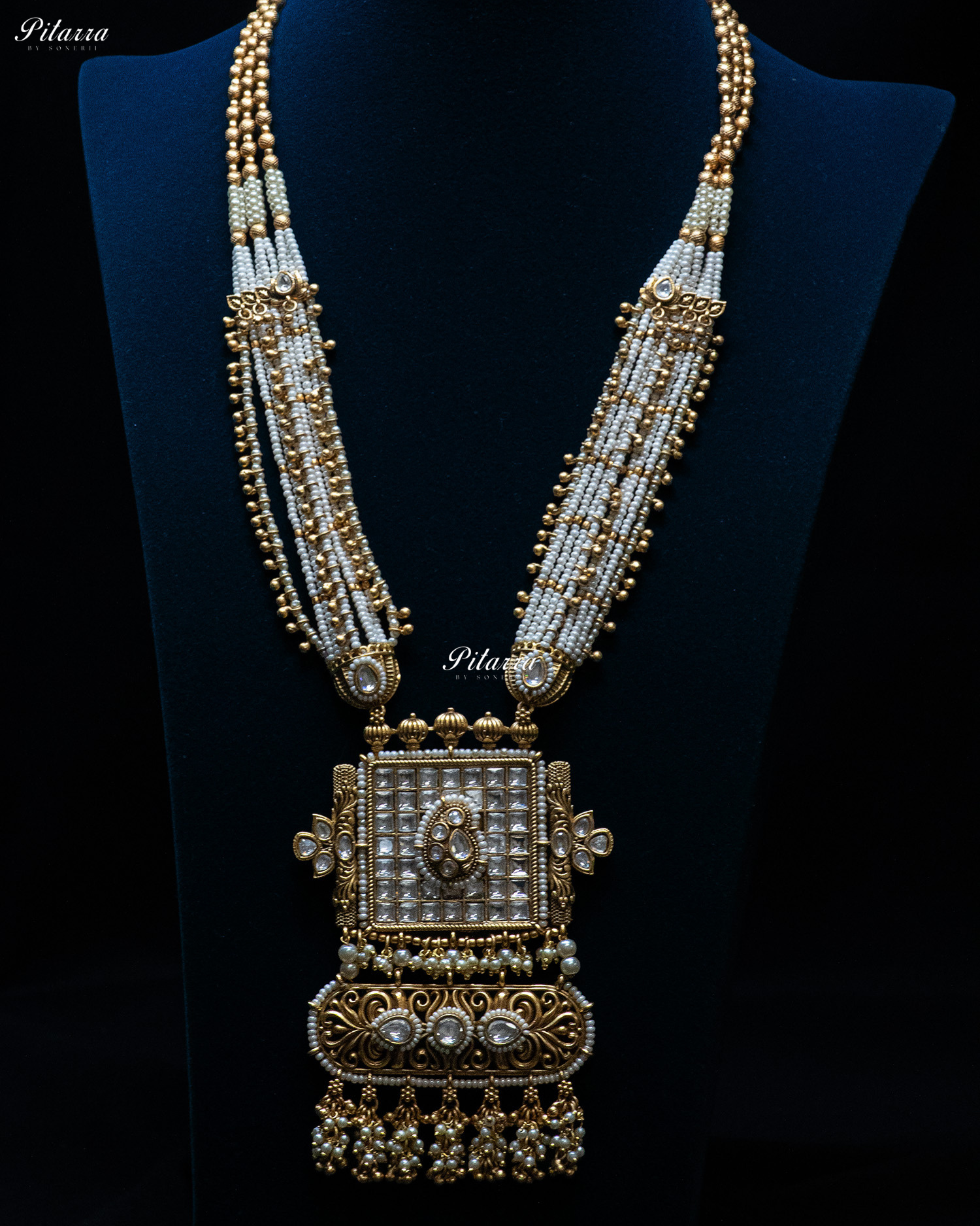Golden White Stone Multi Strand Long Kundan Necklace Set