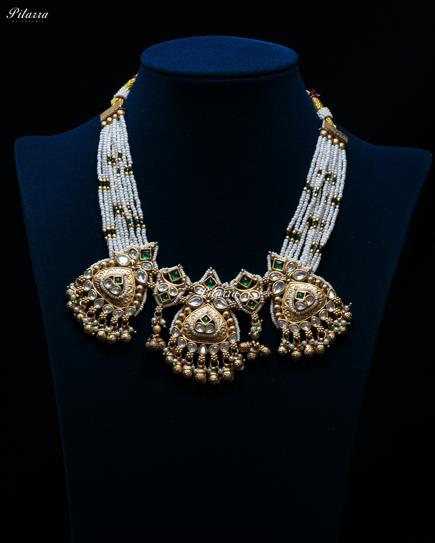Emerald Stone Gold Finish White Pearl Kundan Necklace Set
