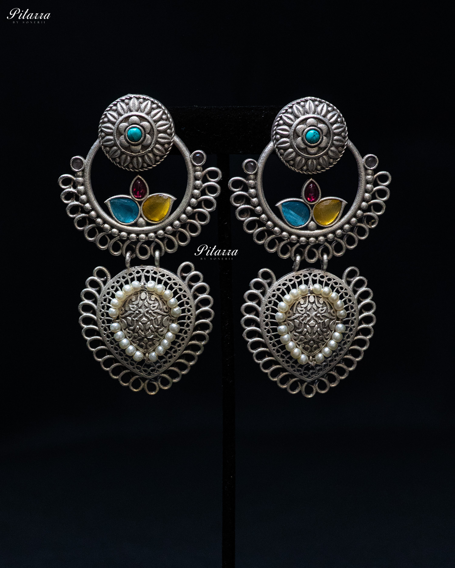 Multicolor Stone White Pearl Silver Look Alike Dangler Earrings