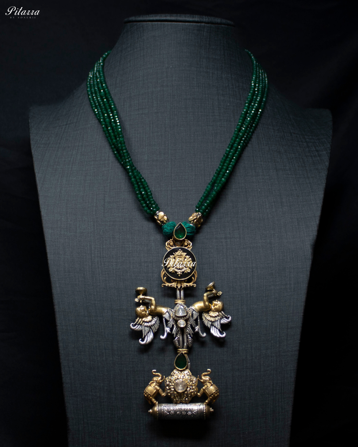 Cherub and Eelephant Figure Green Beads 92.5 Silver Necklace