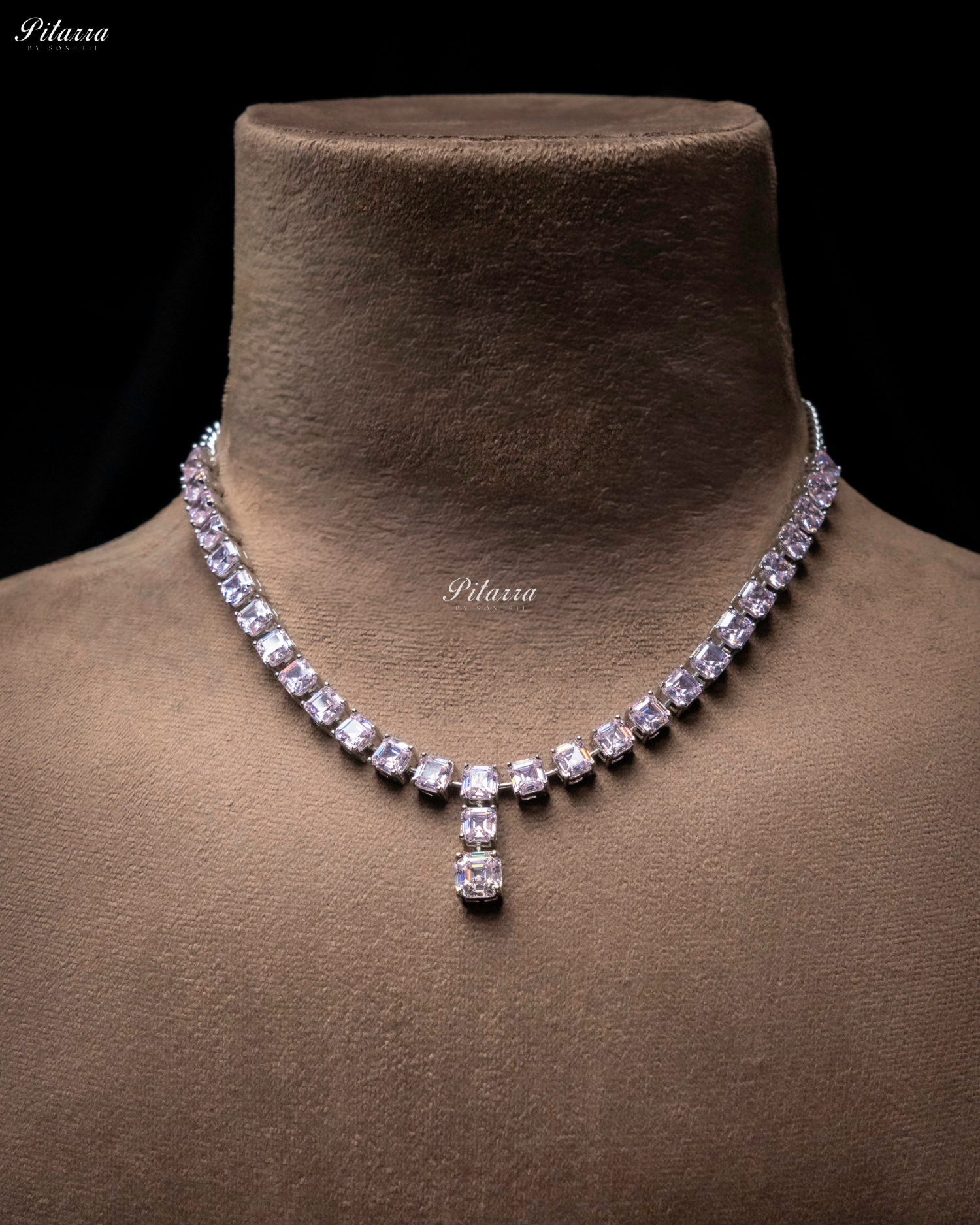 Pink Tone One Layer Square Drop Statement Necklace Set