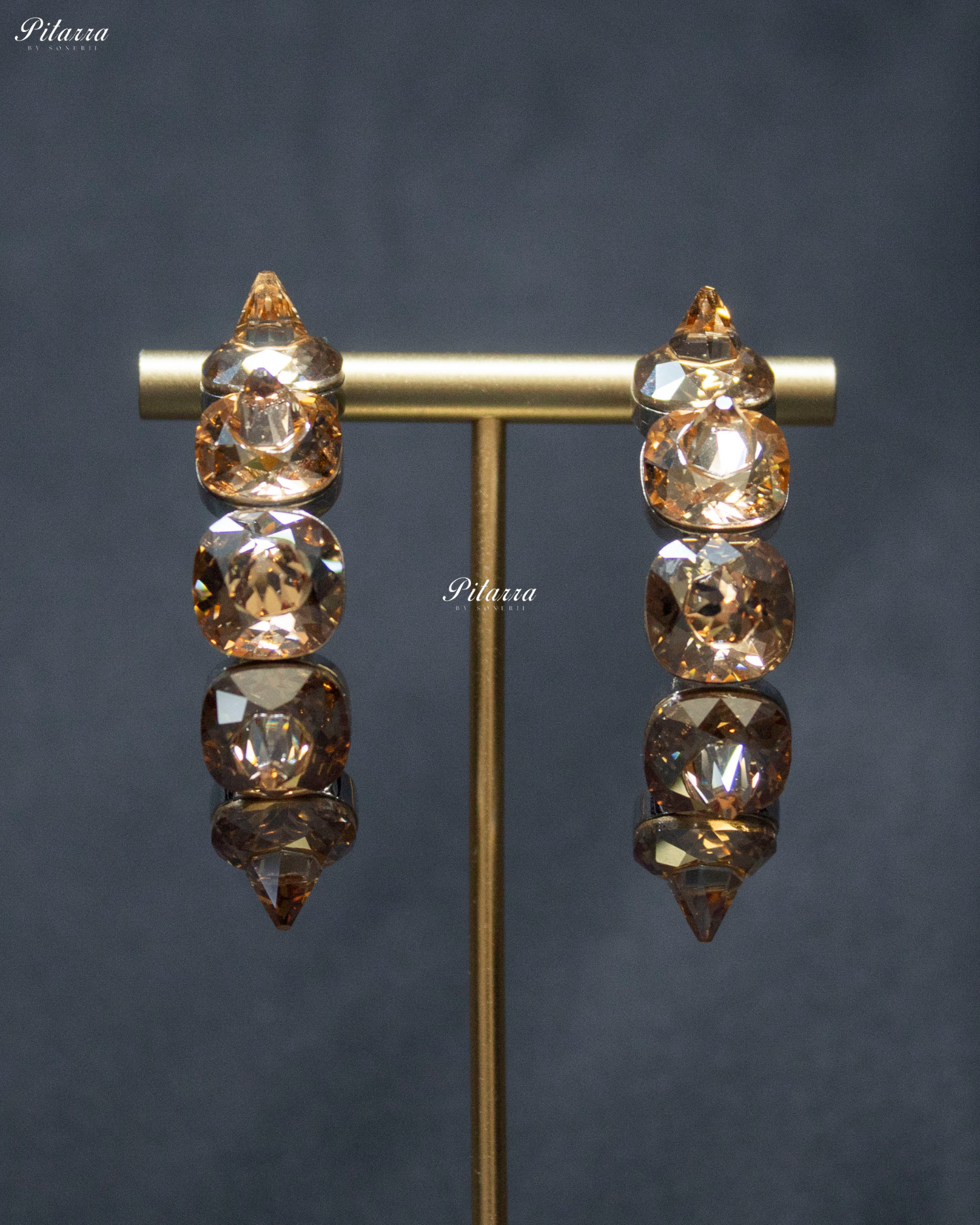 Champagne Color Stone Pyramid Cut Crystal Hoop Earrings