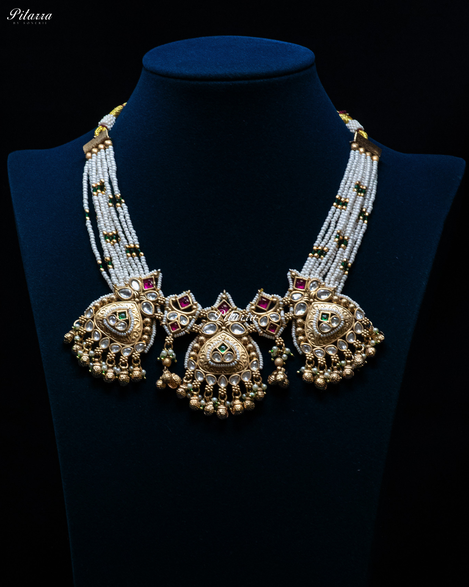 Pink Stone Gold Finish White Pearl Kundan Necklace Set
