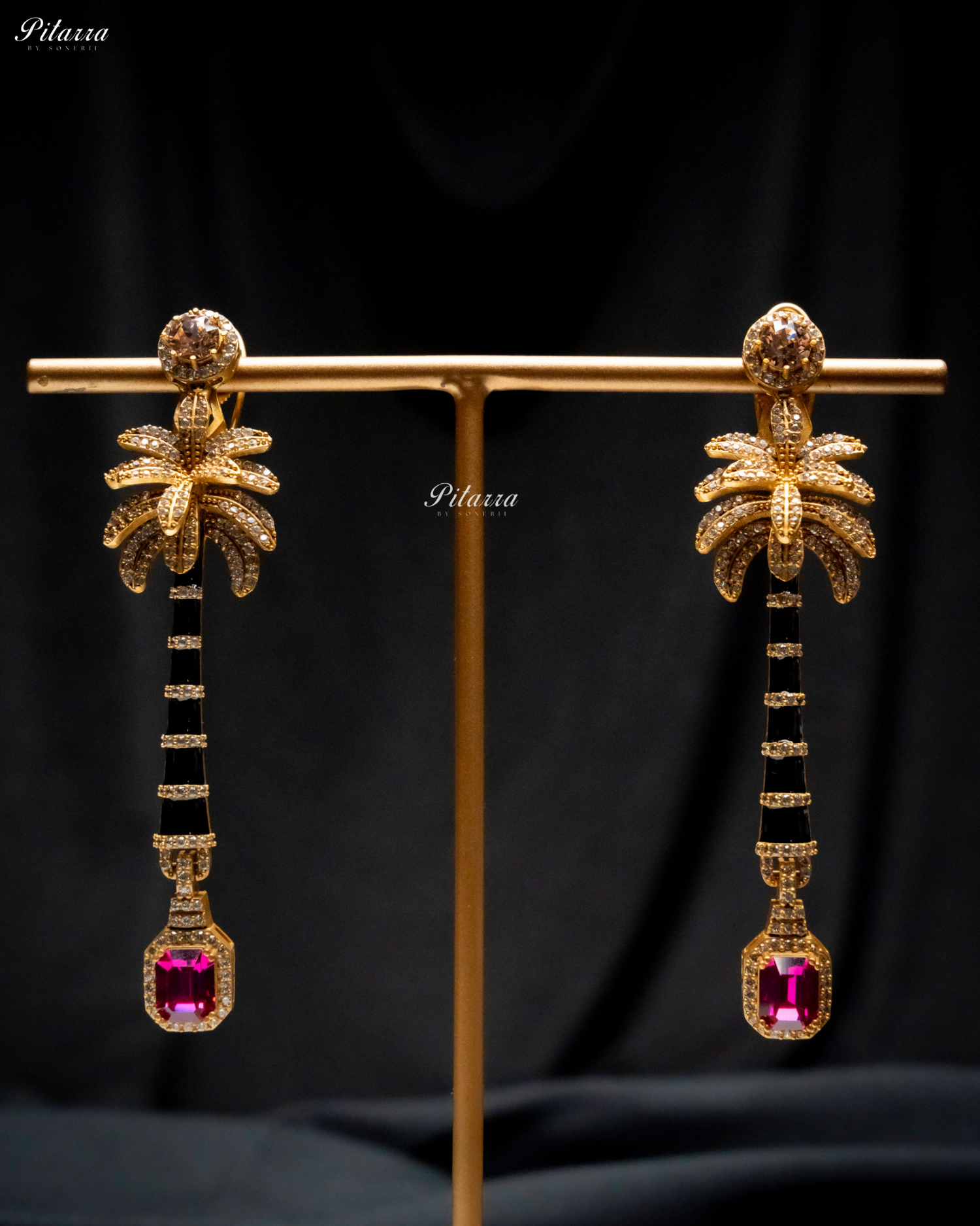 Golden and Pink Stone Palm Tree Crystal Earrings