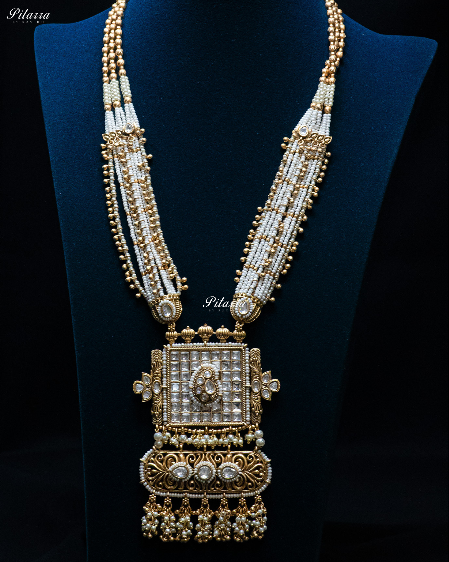 Golden White Stone Multi Strand Long Kundan Necklace Set