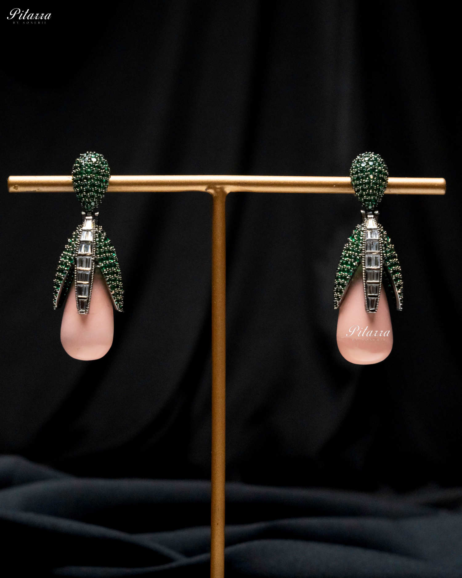 Emerald Leaf Peach Teardrop CZ Crystal Earrings