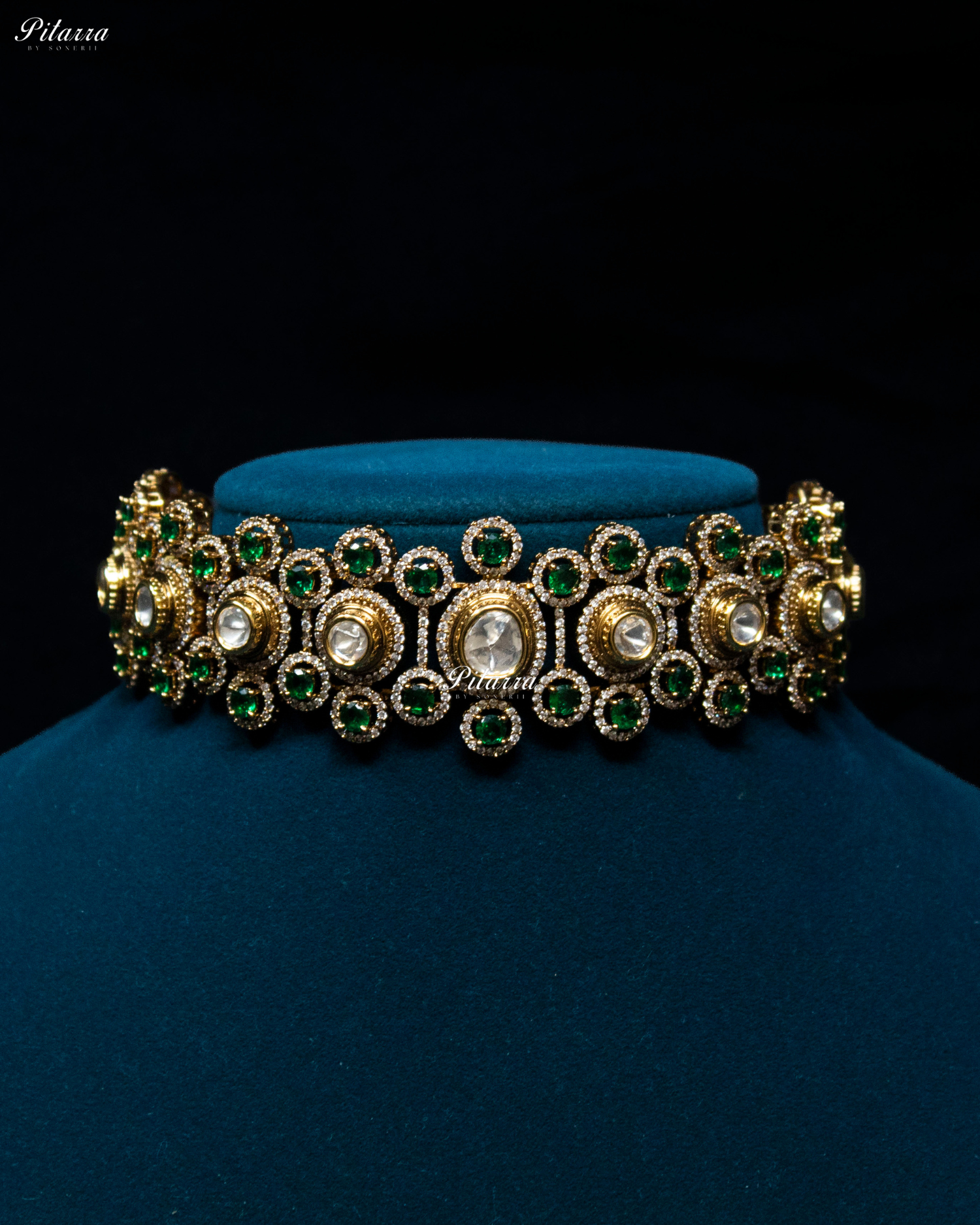 Emerald Stone Gold Finish Moissanite Kundan Choker Set