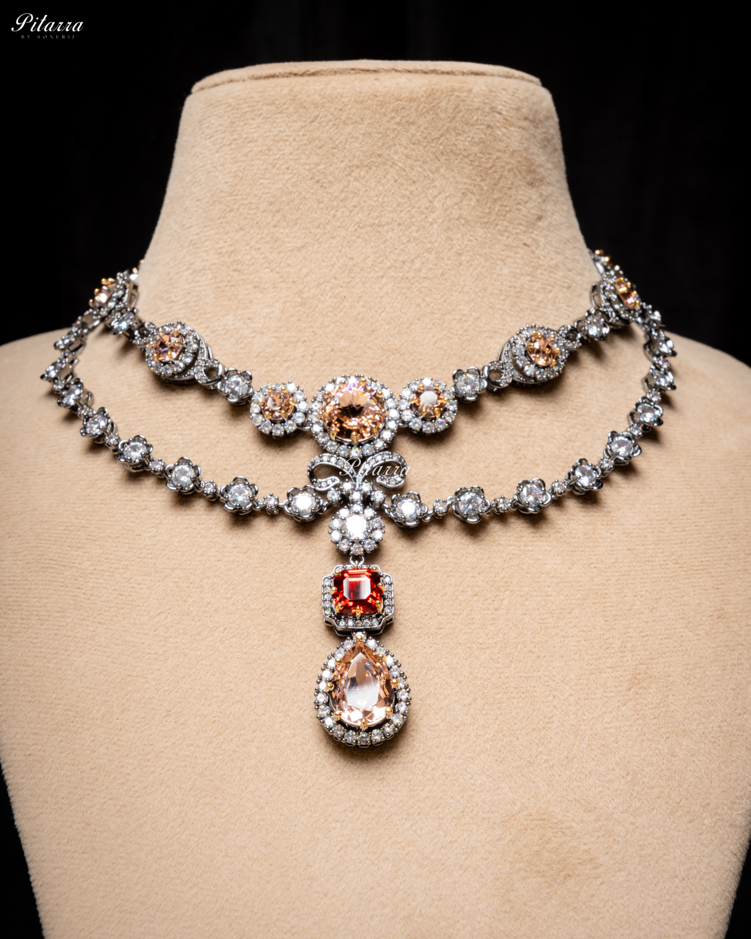 Multicolor Two Layer Silver CZ Victorian black polish Necklace Set