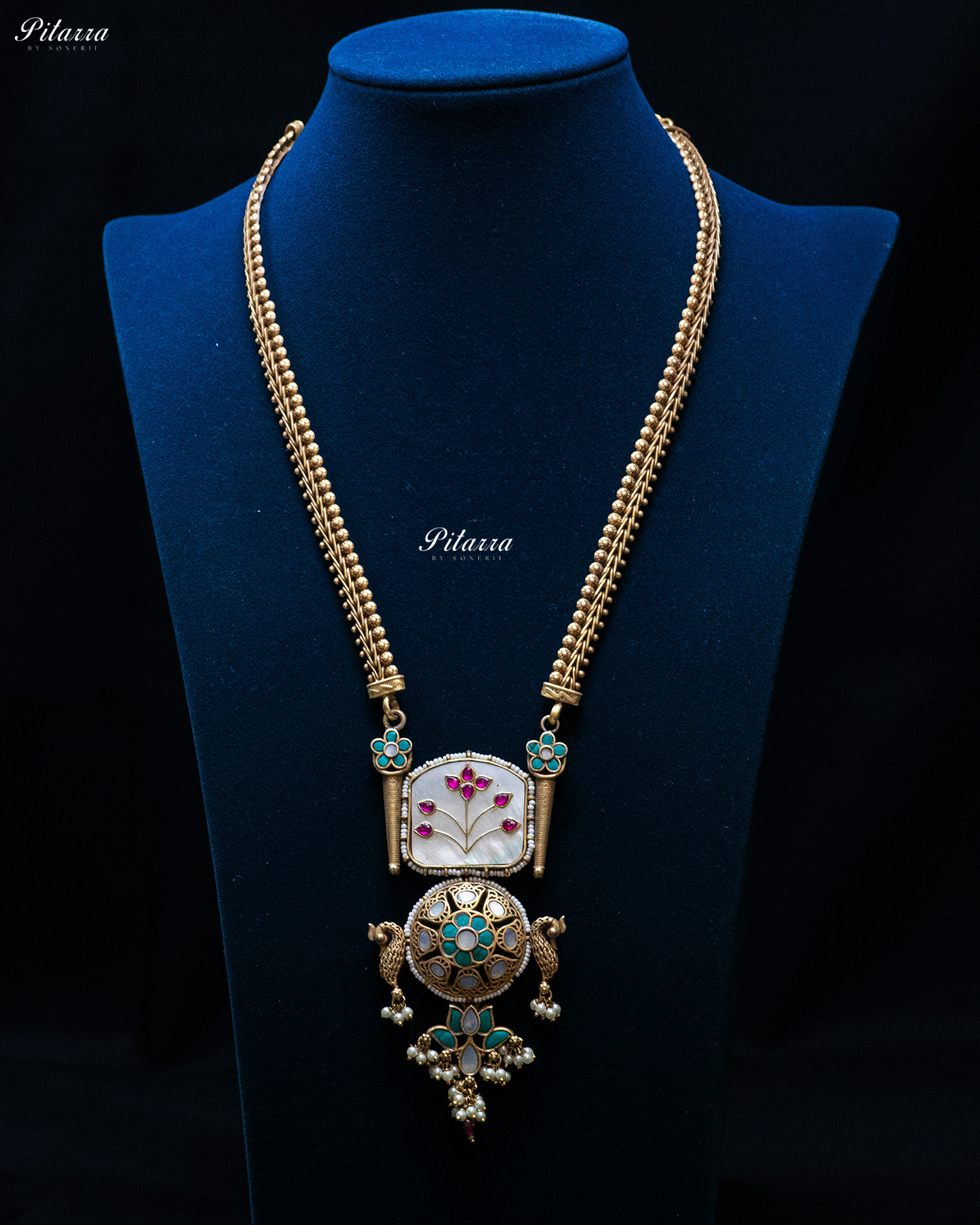 Golden Beads Chain White Turquoise Stone Silver Look Alike Pendant Set