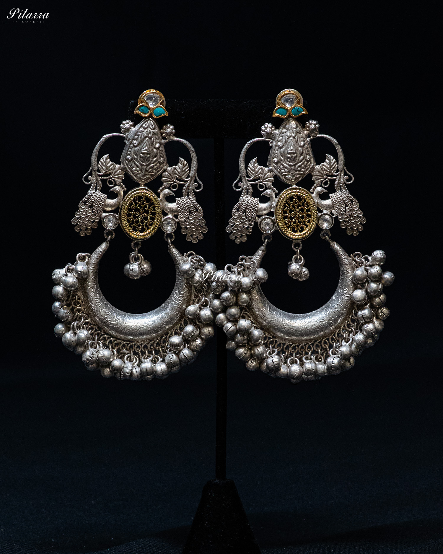 Dual Peacock Ghungroo Silver Look Alike Dangle Earrings