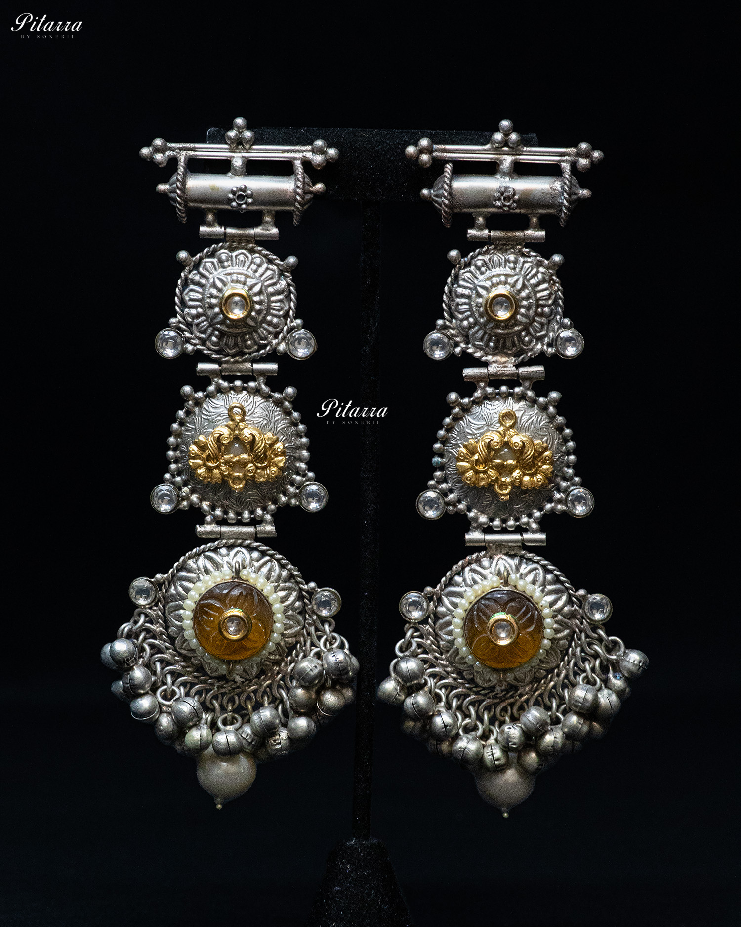 Two Peacock Design Yellow Stone Silver Look Alike Dangle Earrings