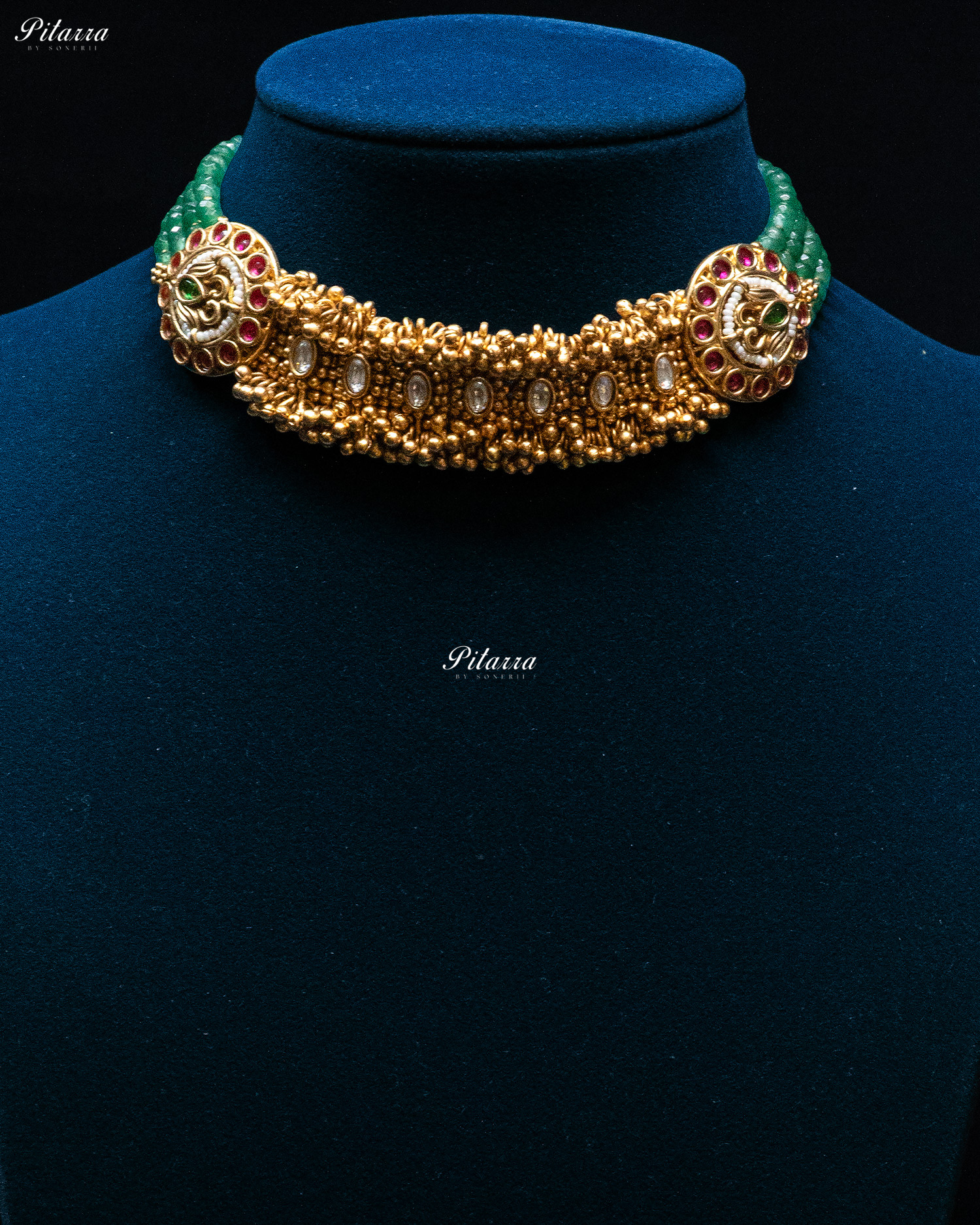 Pink Stone Green Beads Rajwadi Choker Set