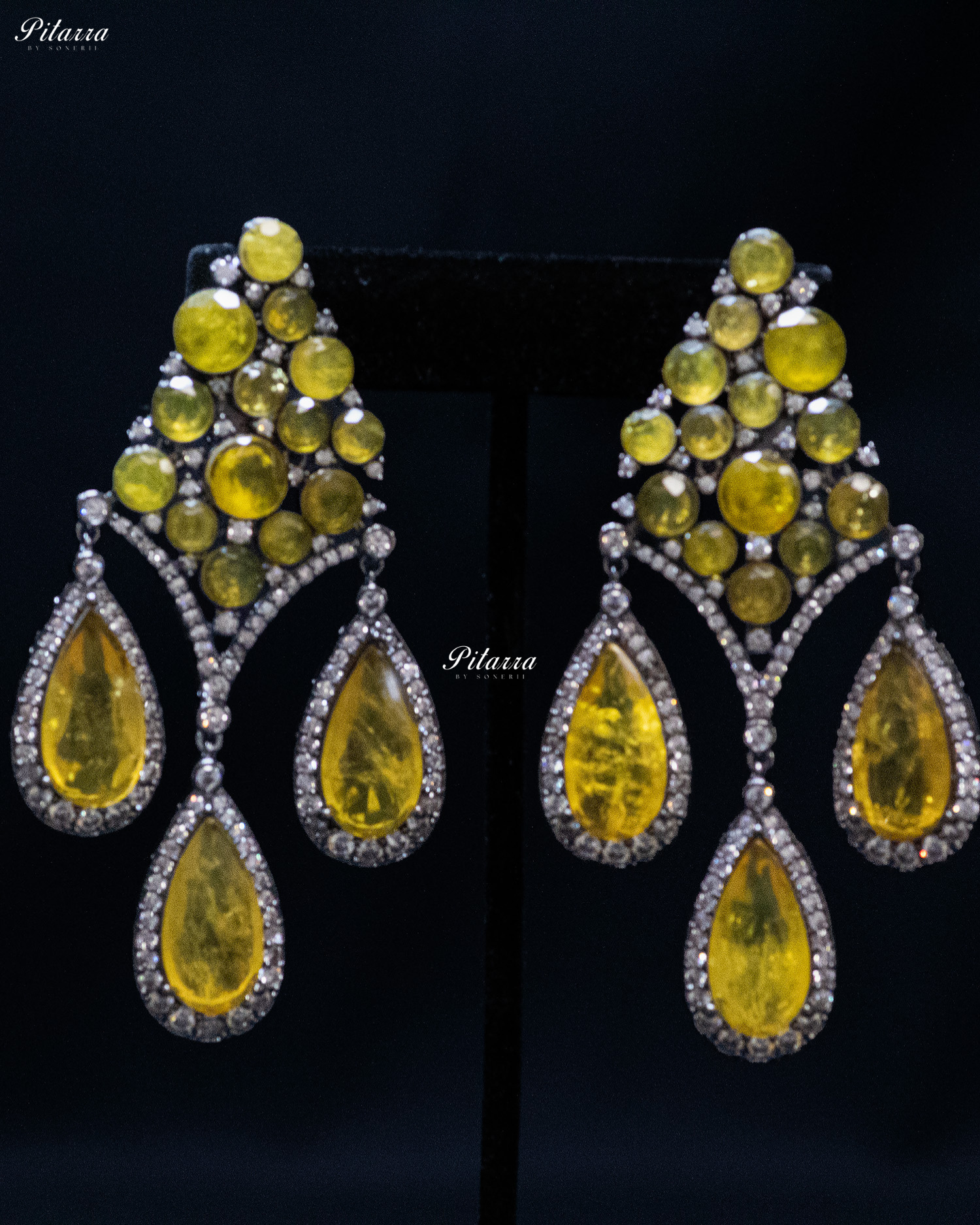 Yellow Stone Three Teardrop Golden Finish CZ Crystal Dangler Earrings
