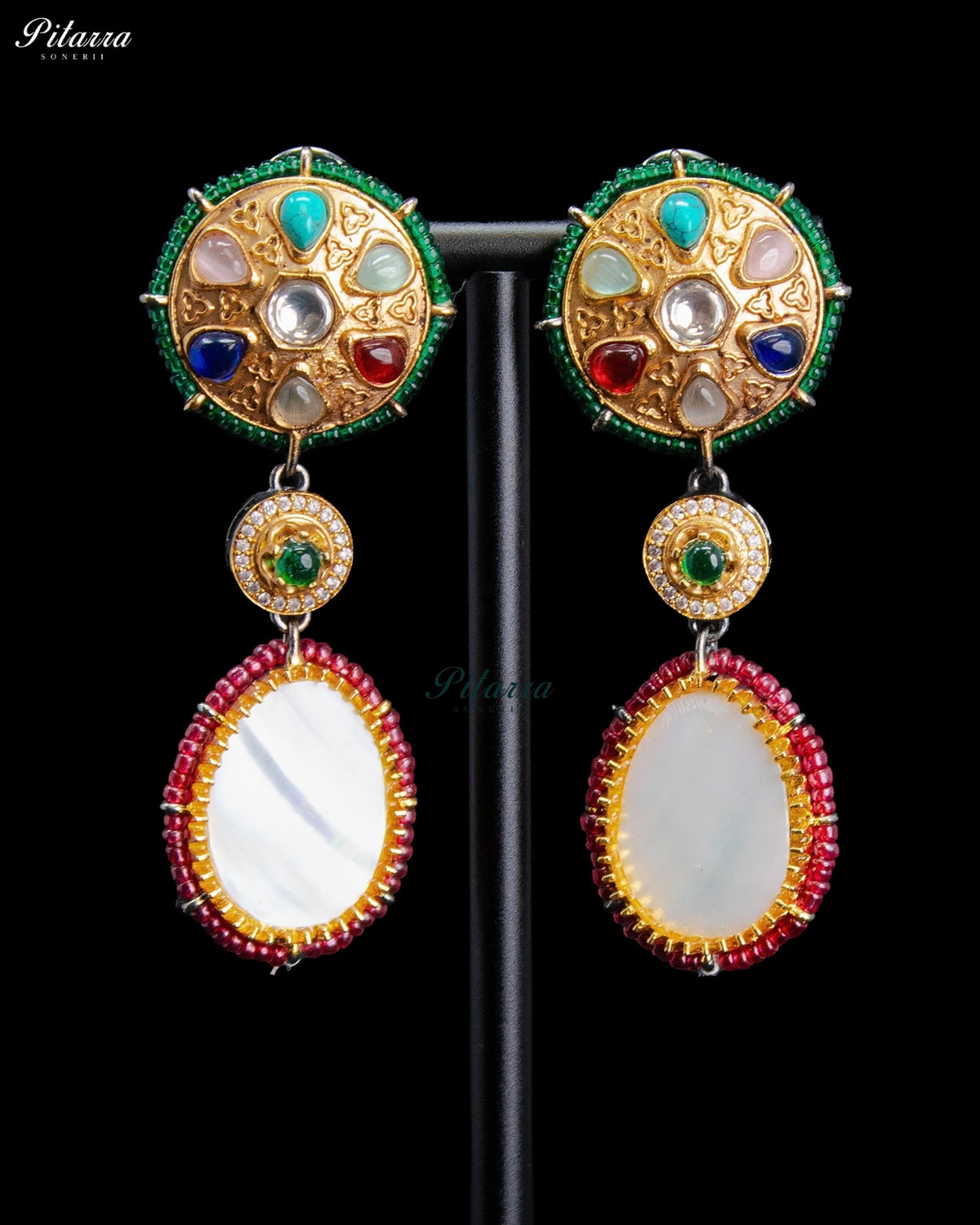 Royal Navratna Inspired Multicolor Kundan Gold Tone Dangler Earrings - Red & Green