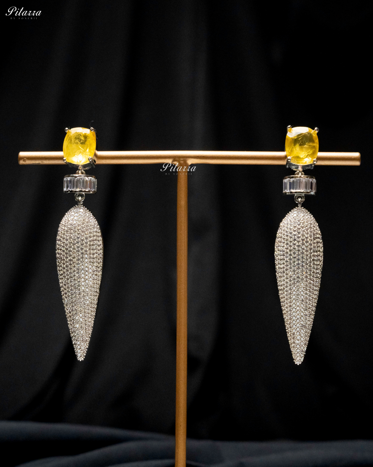 Yellow Stone Shiny Teardrop Doublet Dangler Earrings