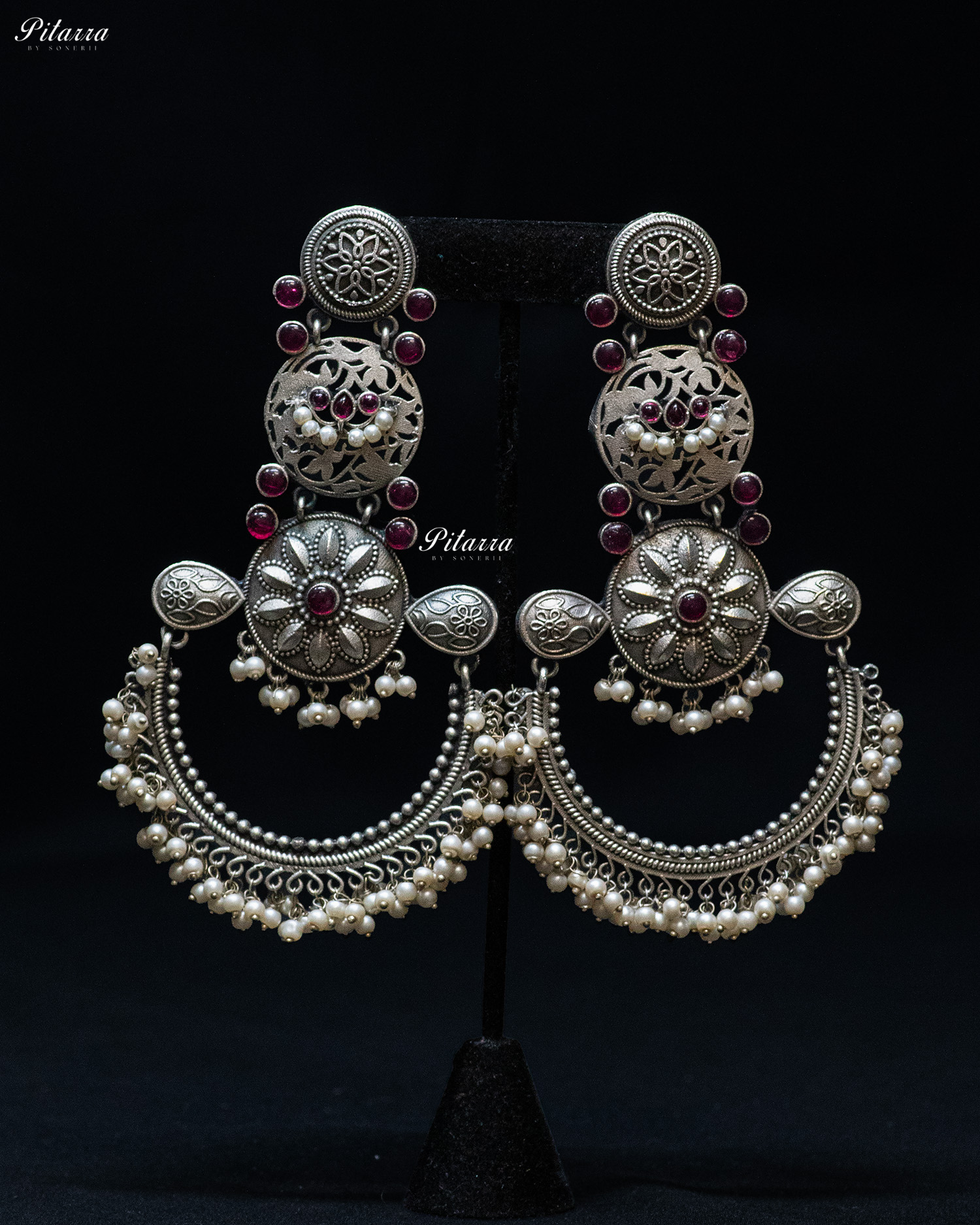 Pink Stone Flora Motif Silver Look Alike Dangler Earrings