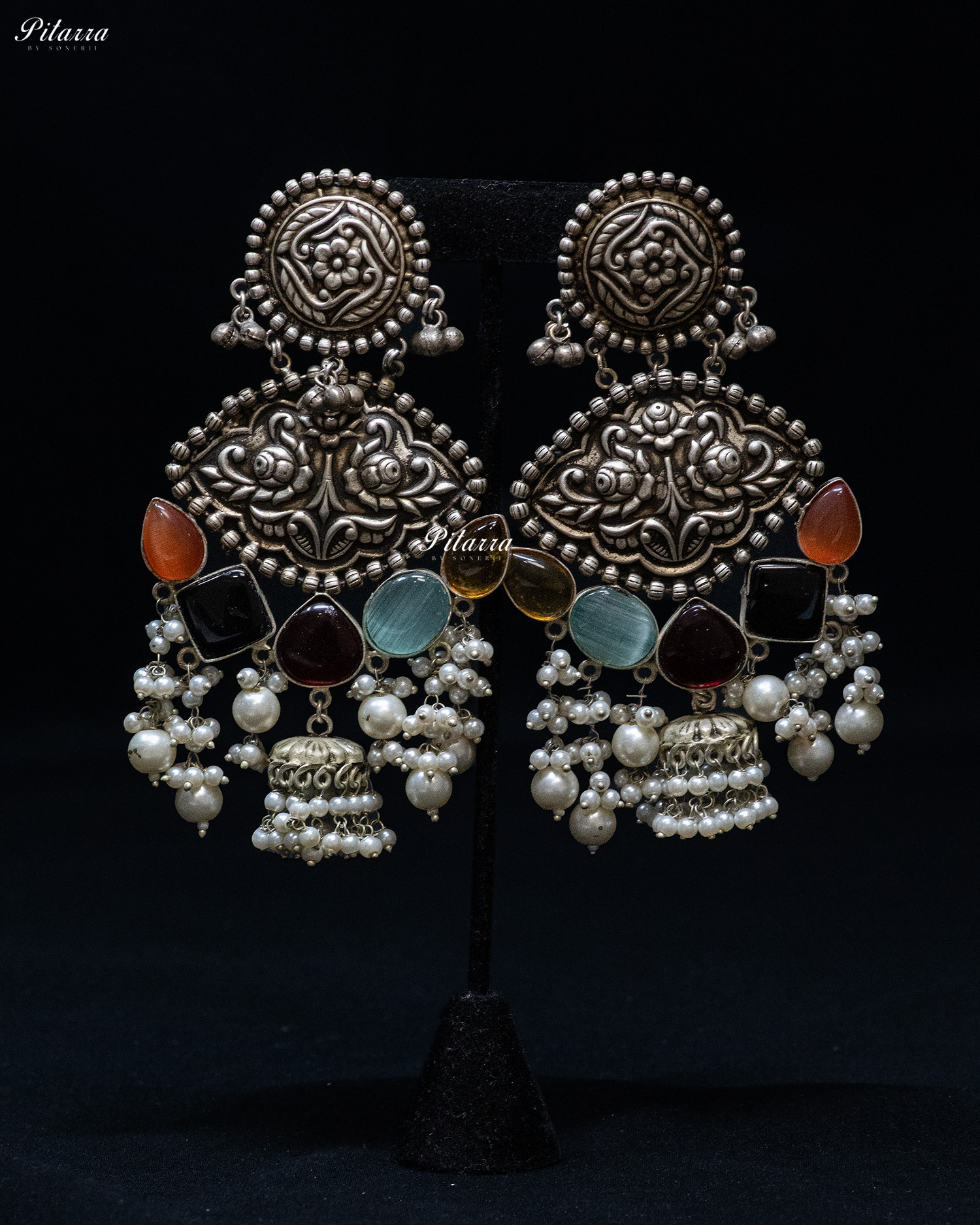Drak Red Drop Stone Silver Look Alike Dangler Earrings