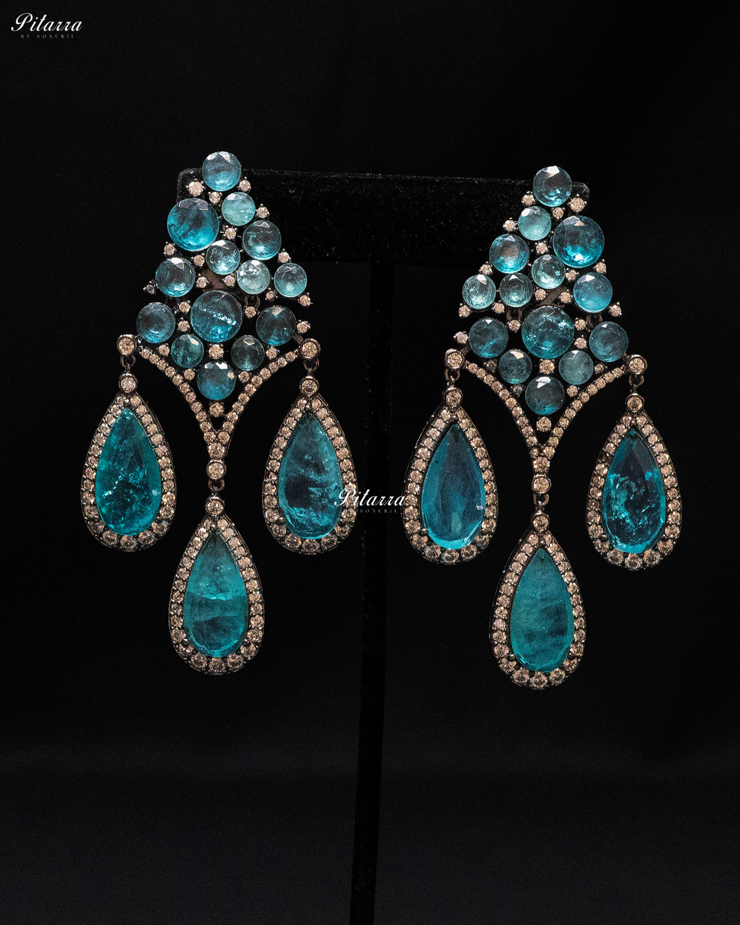 Turquoise Stone Three Teardrop Golden Finish CZ Crystal Dangler Earrings