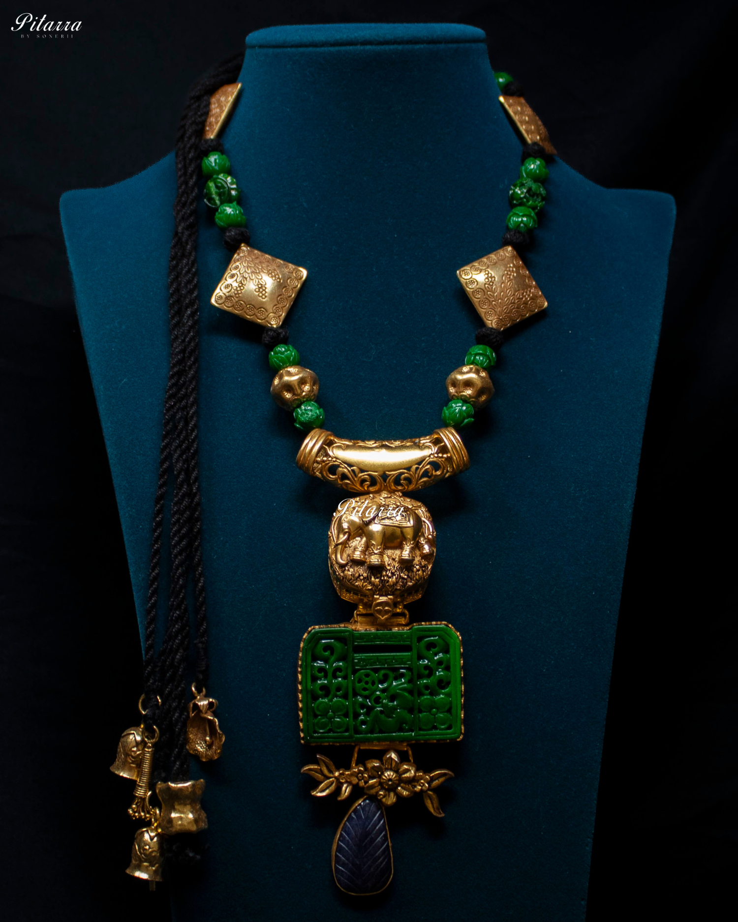 Elephant Motif Green Beads 92.5 Silver Necklace