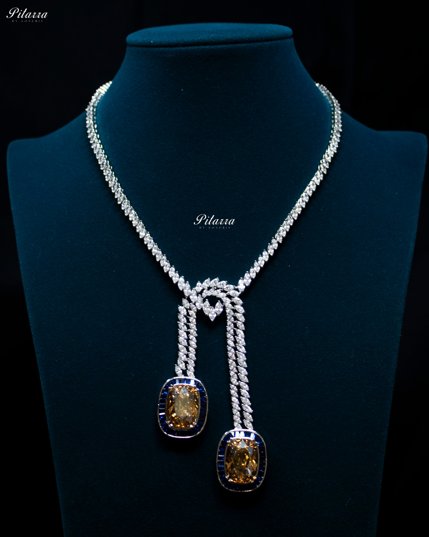Blue Two Square Silver Line Crystal Necklace Set