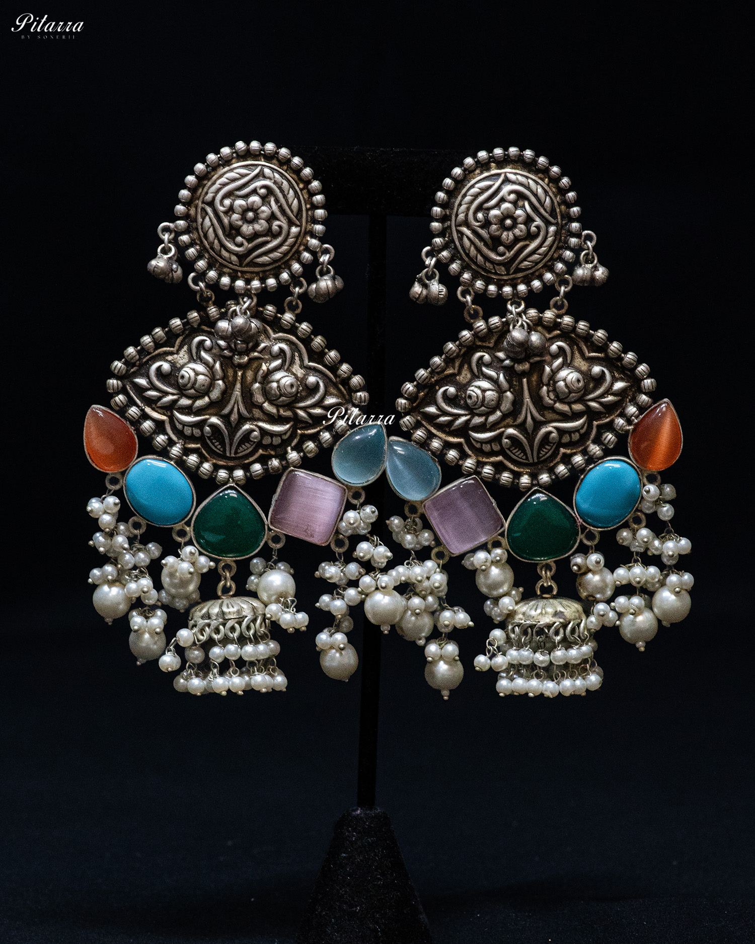 Drak Green Drop Stone Silver Look Alike Dangler Earrings