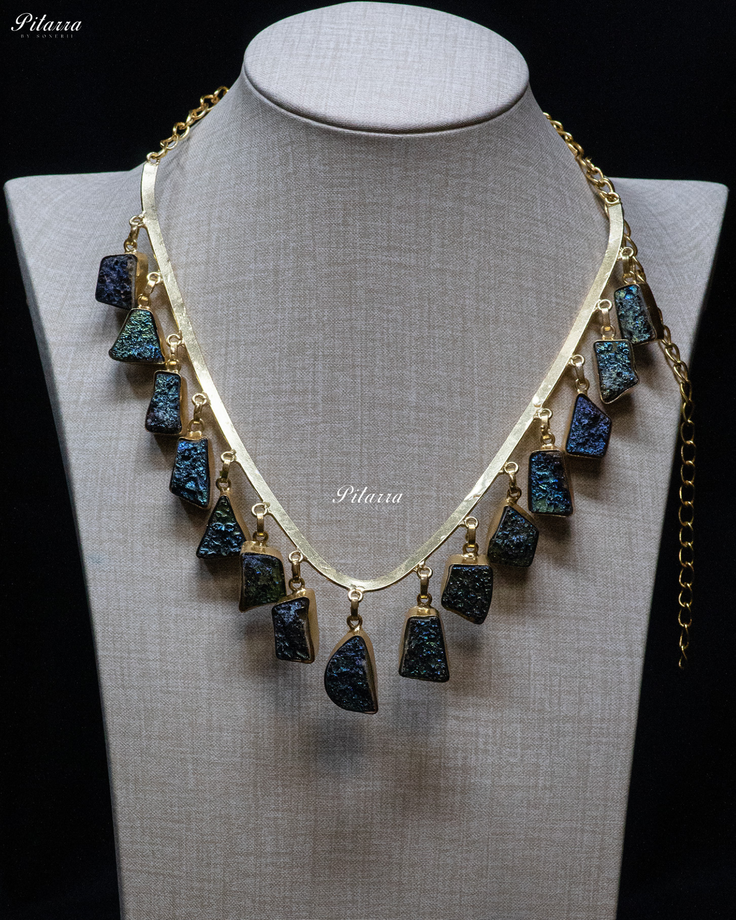 Gold Finish Navy Blue Raw Stone Statement Necklace