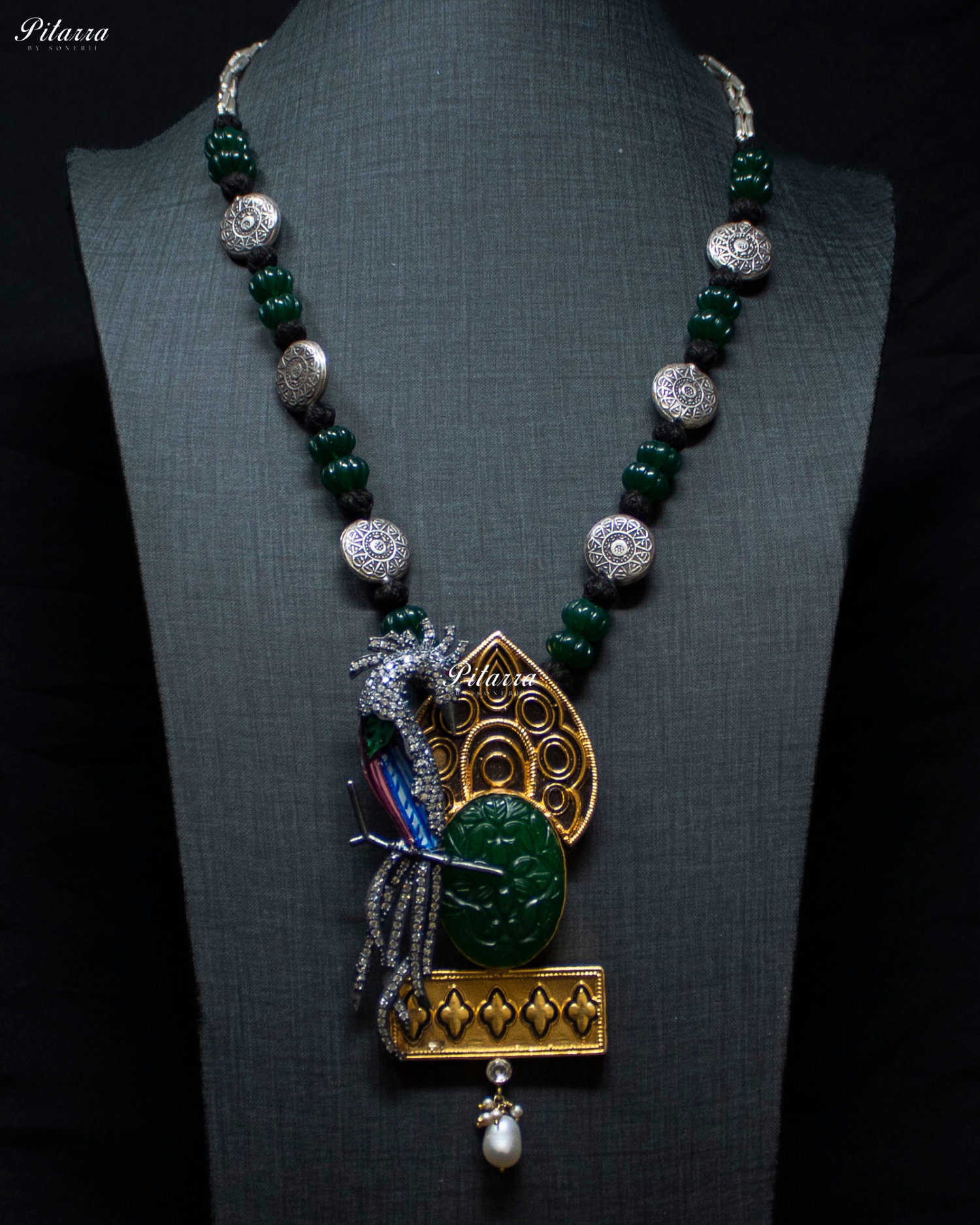 Peacock Motif Emerald Beads 92.5 Silver Necklace