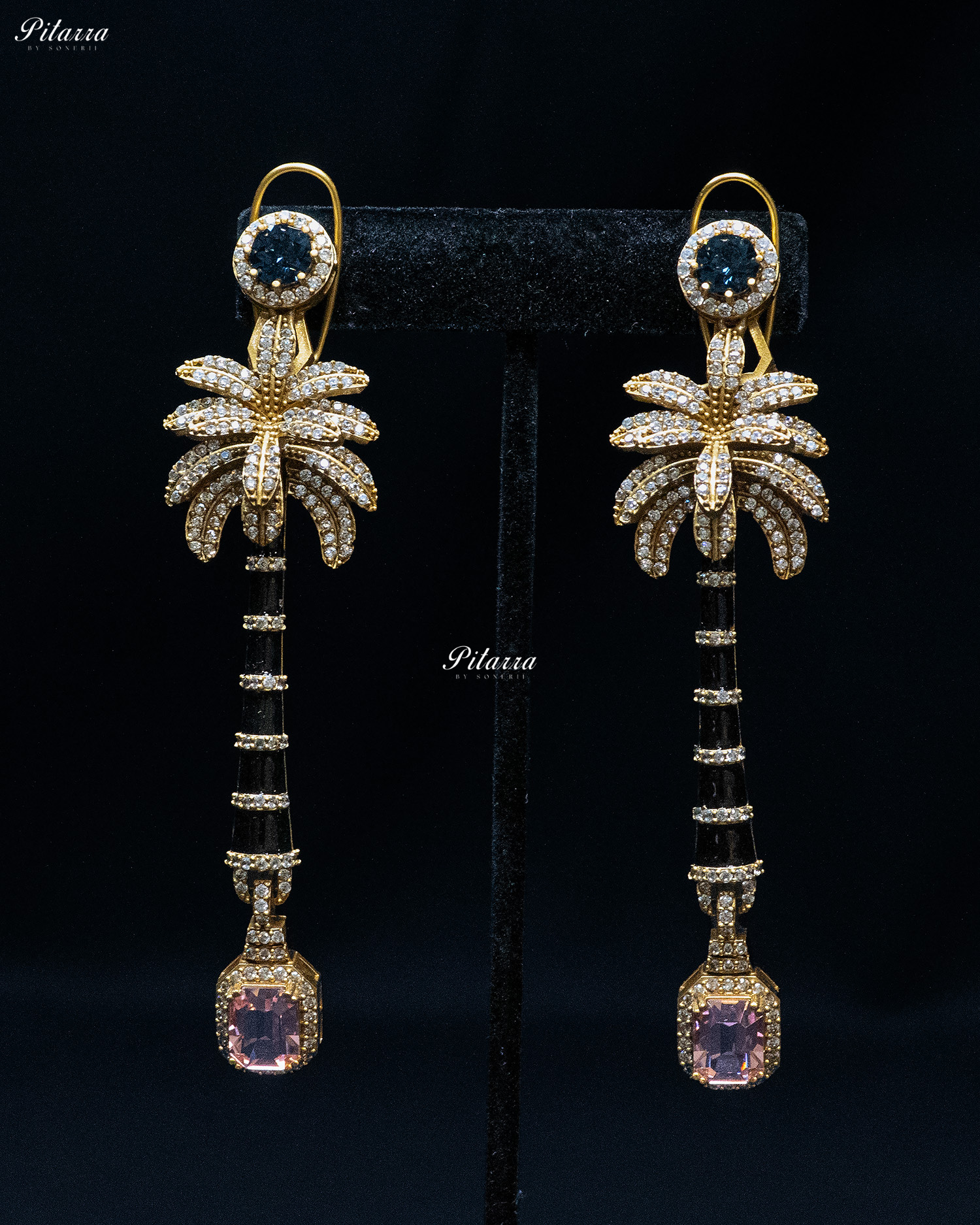 Navy Blue and Baby Pink Stone Palm Tree Crystal Earrings