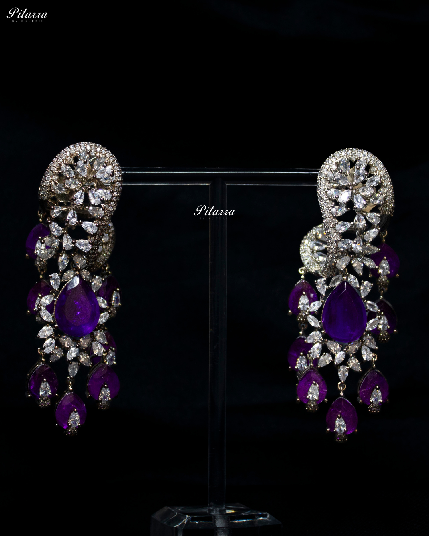 Purple Silver Polish CZ Crystal Dangler Earrings