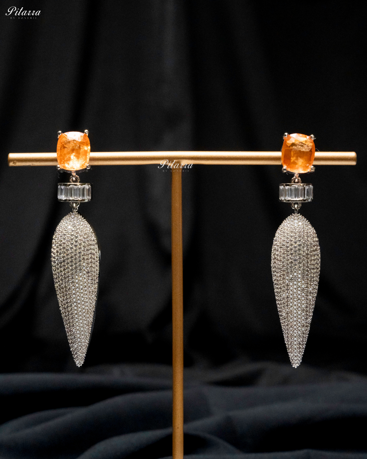 Orange Stone Shiny Teardrop Doublet Dangler Earrings