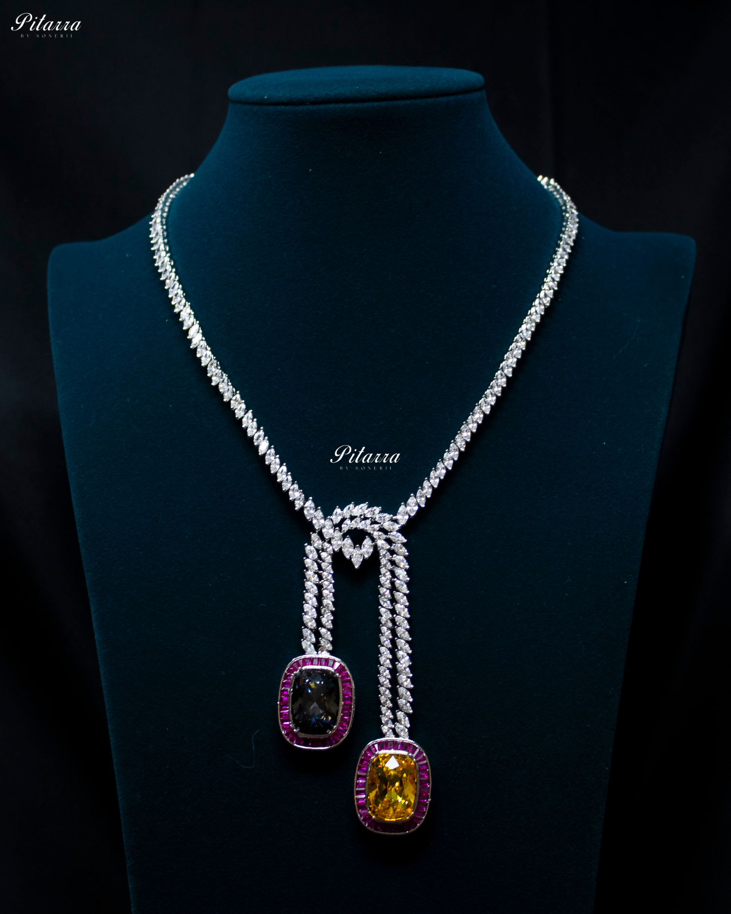 Pink Two Square Silver Line Crystal Necklace Set