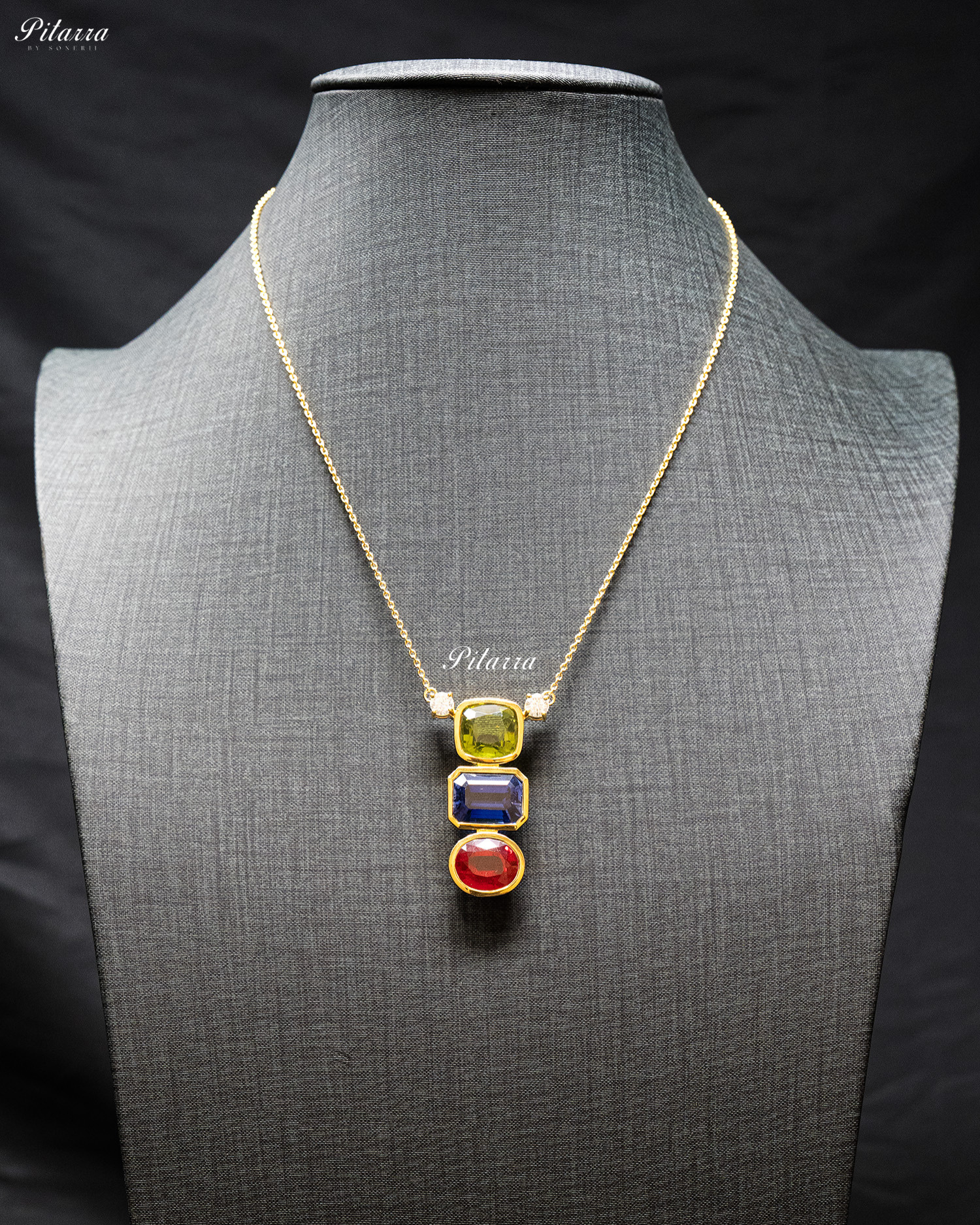 Gold Chain Square Green Top Stone Round Red Pendent Set