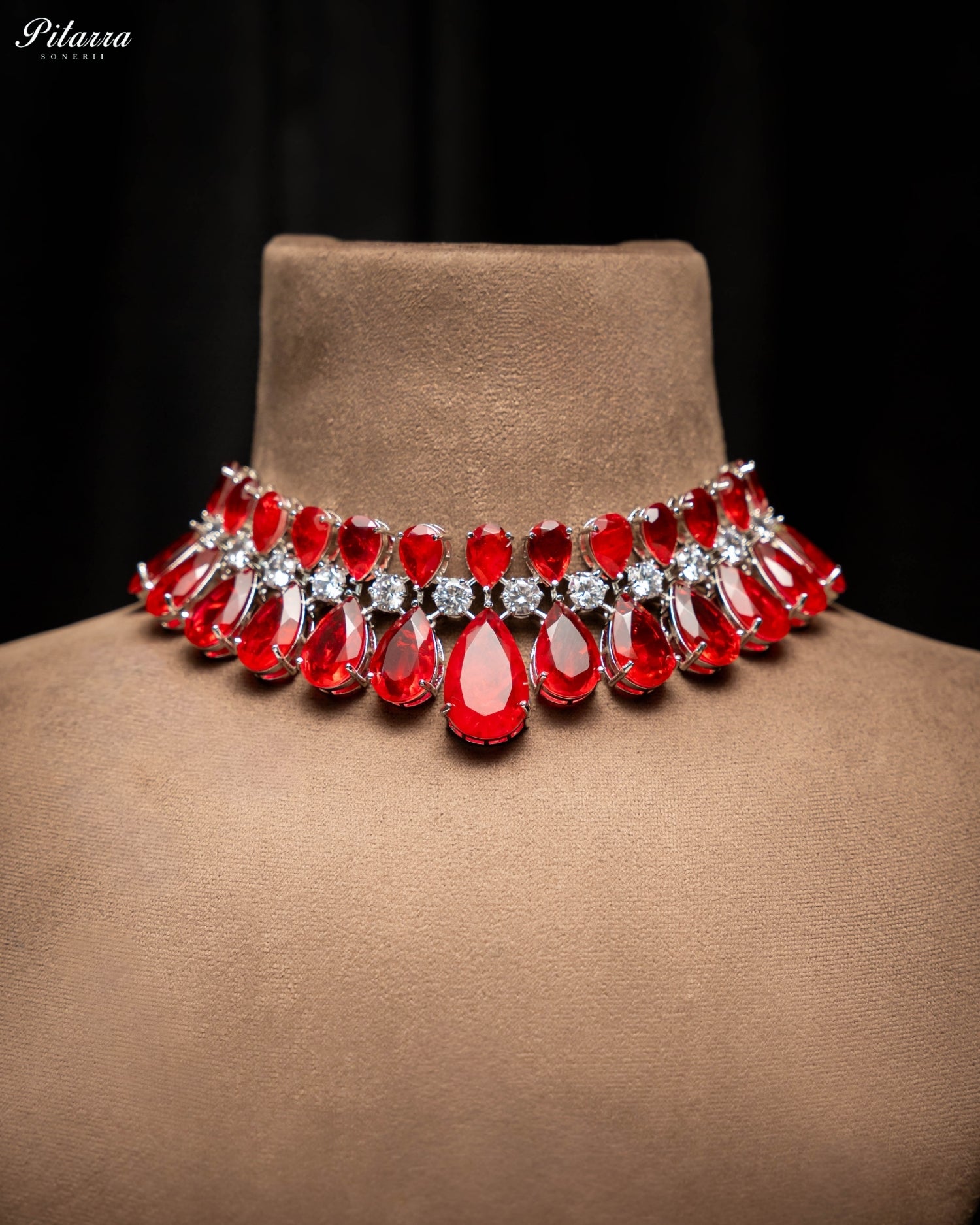 Ruby Red Crystal Statement Choker Necklace Set