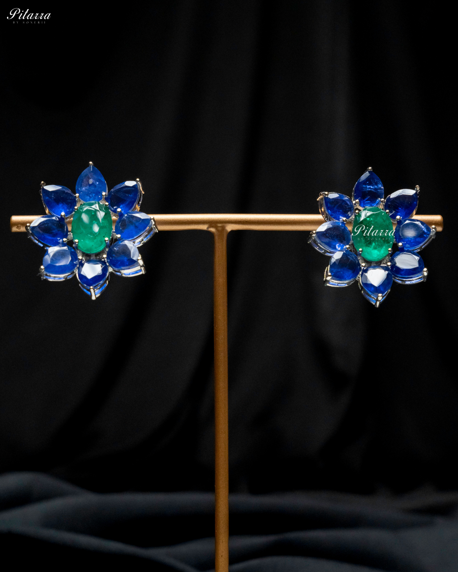 Green Floral Blue Petals CZ Doublet Stud Earrings