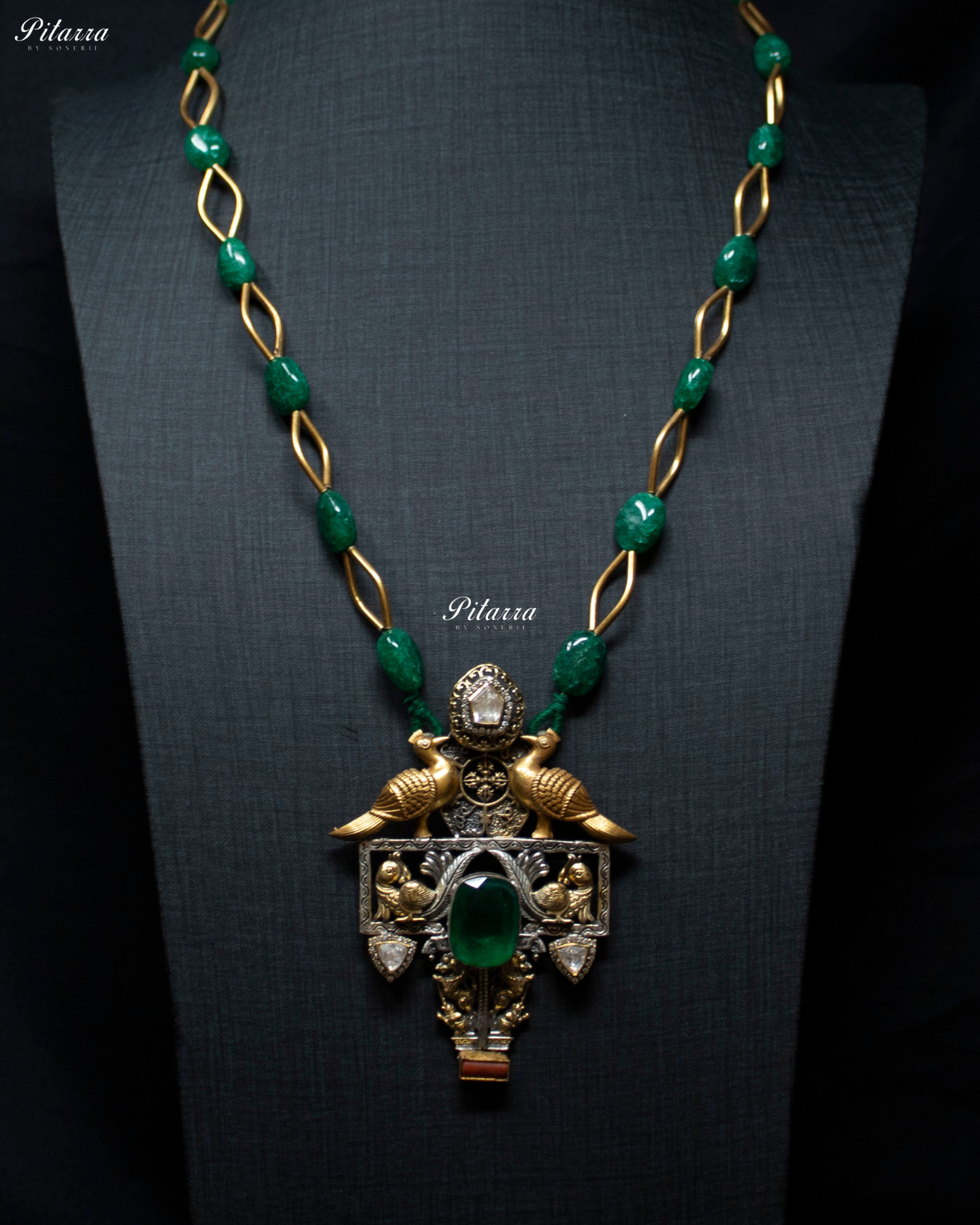 Peacock Motifs Green Links Beads 92.5 Silver Necklace
