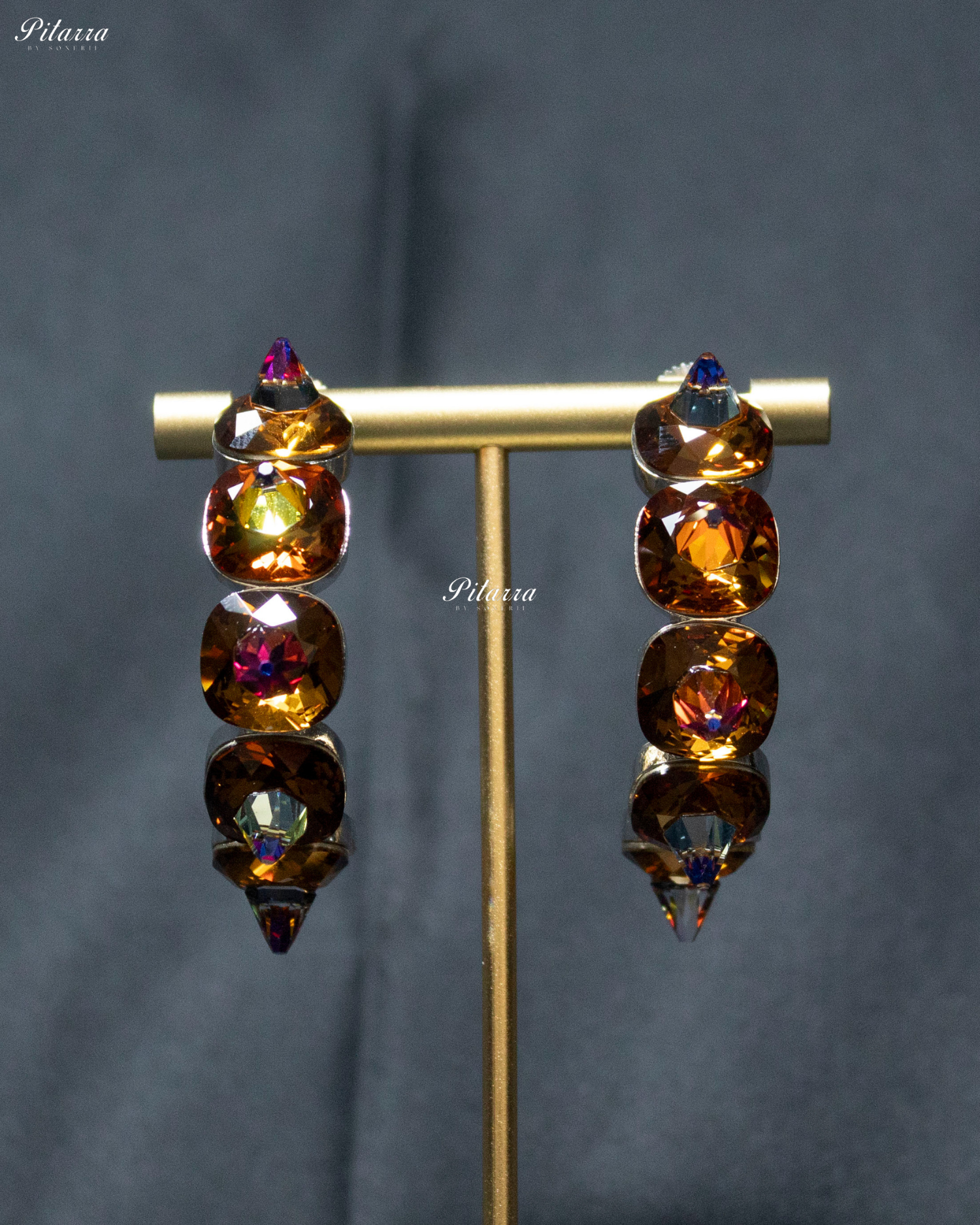Gold Stone Pyramid Cut Crystal Hoop Earrings
