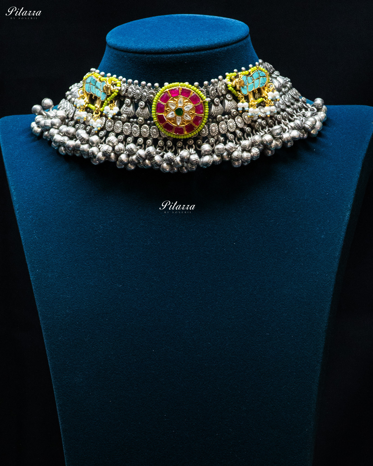 Pink Flora Turquoise Elephant Ghunghroo Silver Look Alike Choker Set