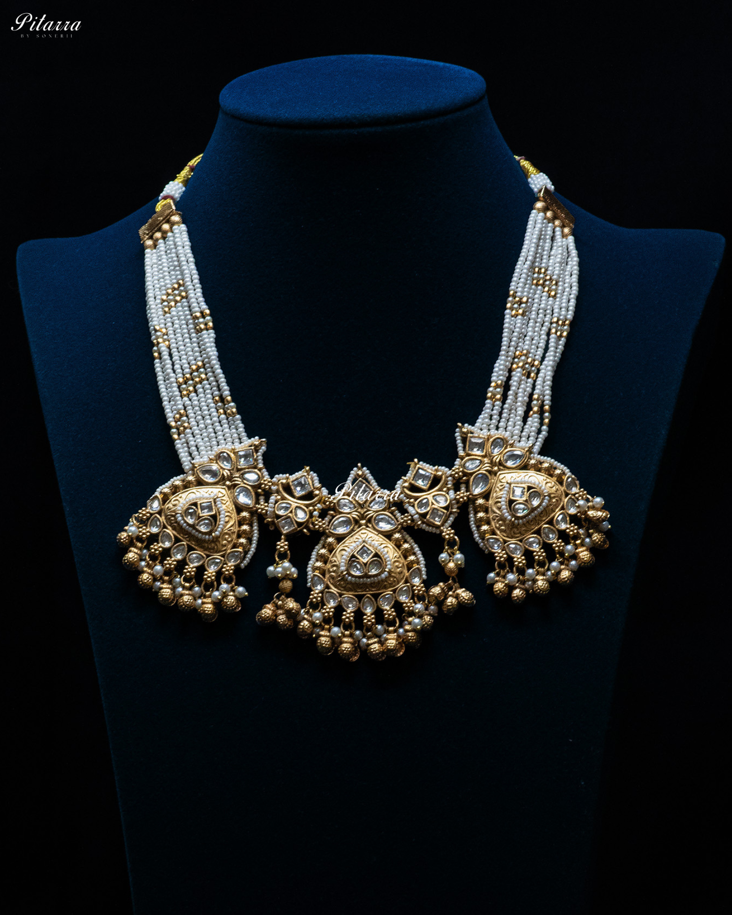 White Stone Gold Finish White Pearl Kundan Necklace Set