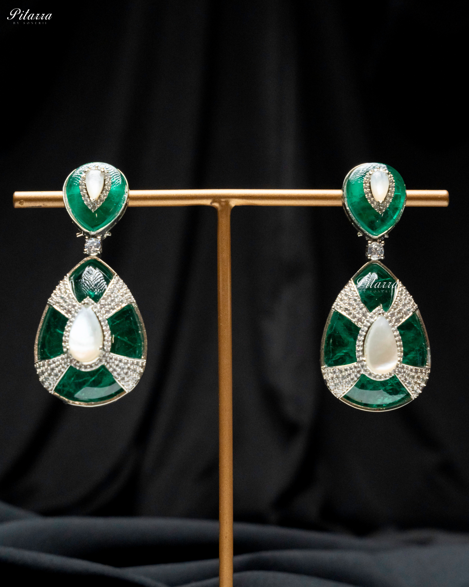 Emerald Stone White Drop Silver Line Crystal Dangler Earrings
