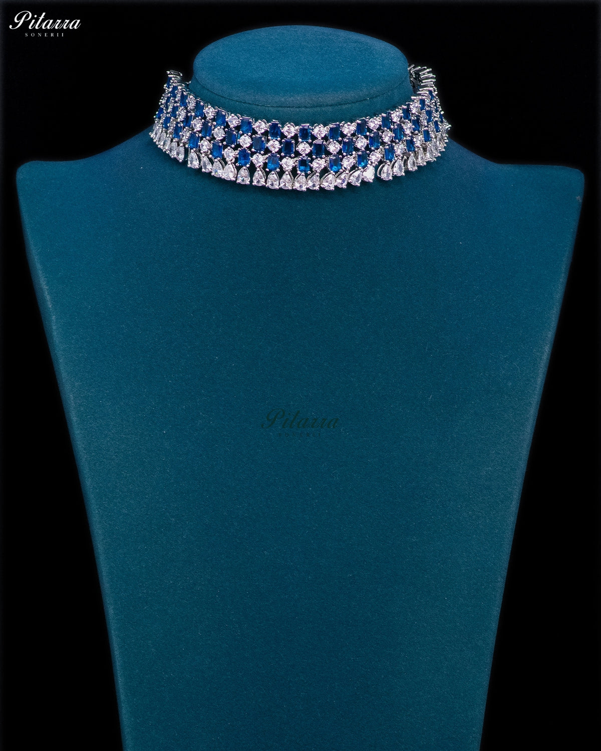 Royal Blue Emerald Cut Stone Zircon Silver Crystal Choker Necklace Set