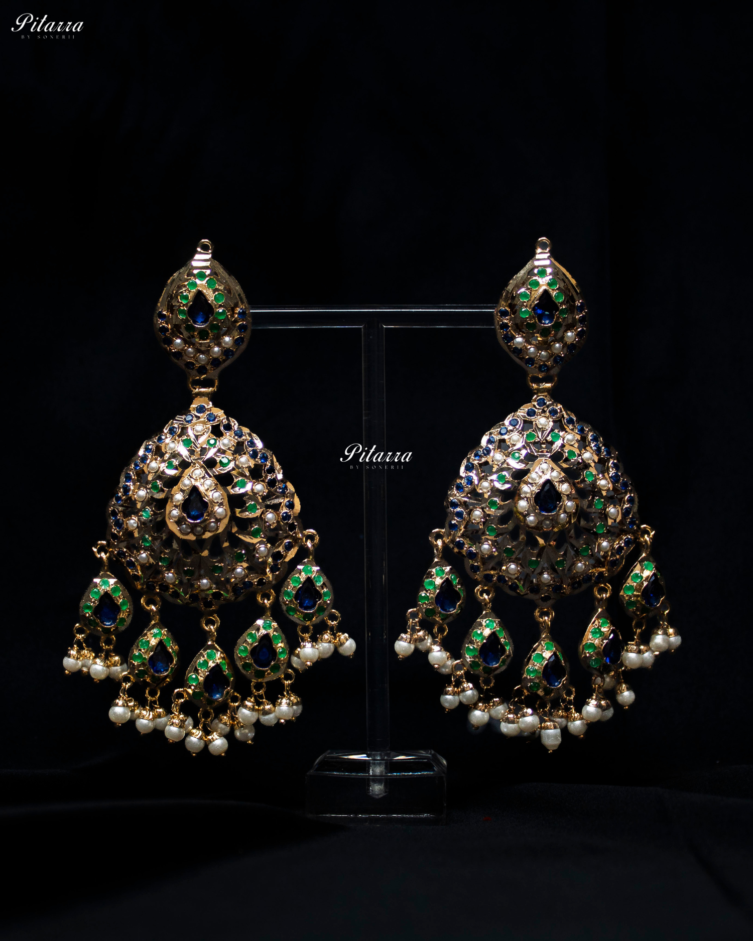 Emerald Blue Studed Stone Handcrafted Chandbali Earrings