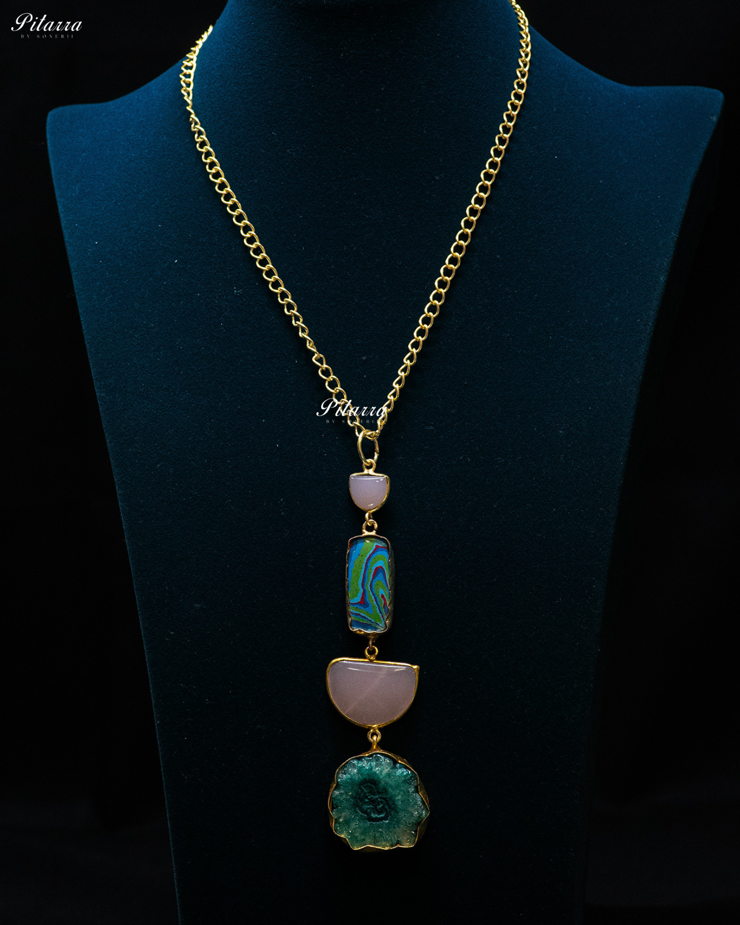 Purple Blue Textured Circle Four Raw Stone Long Pendant
